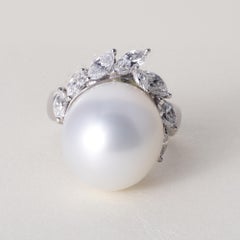 Vintage Plat South White Sea Pearl and Marquise Diamond Ring