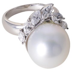 Vintage Plat South White Sea Pearl and Marquise Diamond Ring