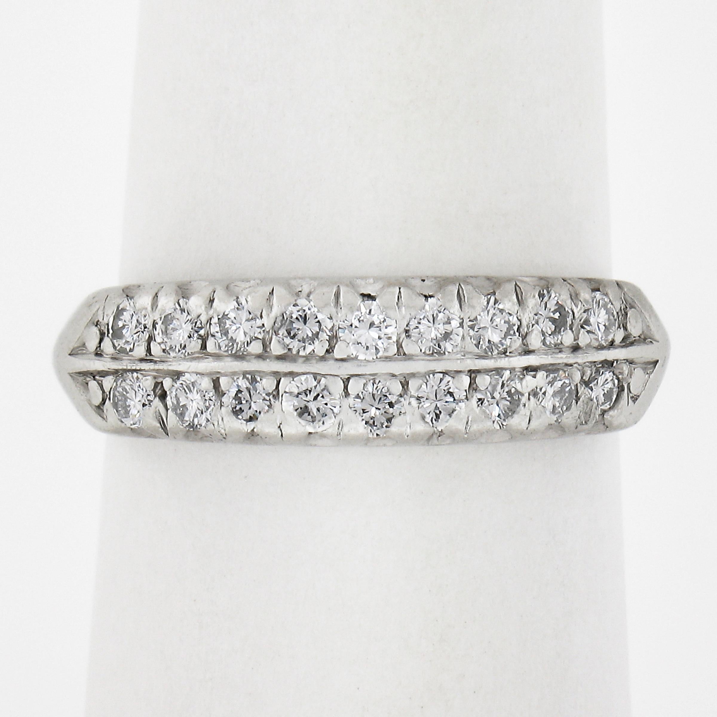 Classic vintage fishtail pave band. Enjoy!

--Stone(s):--
(18) Natural Genuine Diamonds - Old Transitional & Round Brilliant Cut - Fishtail Pave Set - G/H Color - VS2/SI1 Clarity
Total Carat Weight:	0.27 (approx.)

Material: Solid Platinum
Weight: