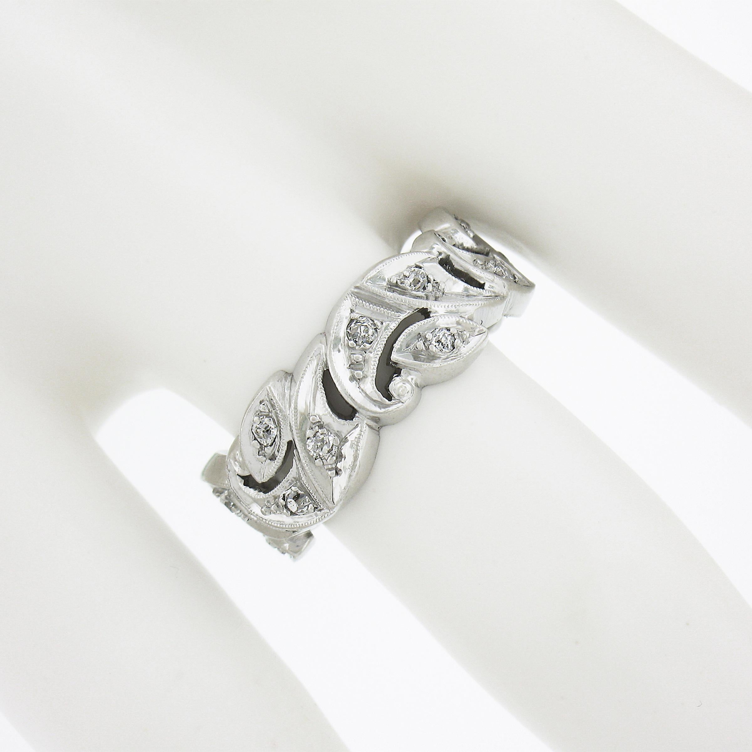 Art Deco Vintage Platinum 0.40ctw Old Cut Diamond Wide Floral Eternity Wedding Band Ring For Sale