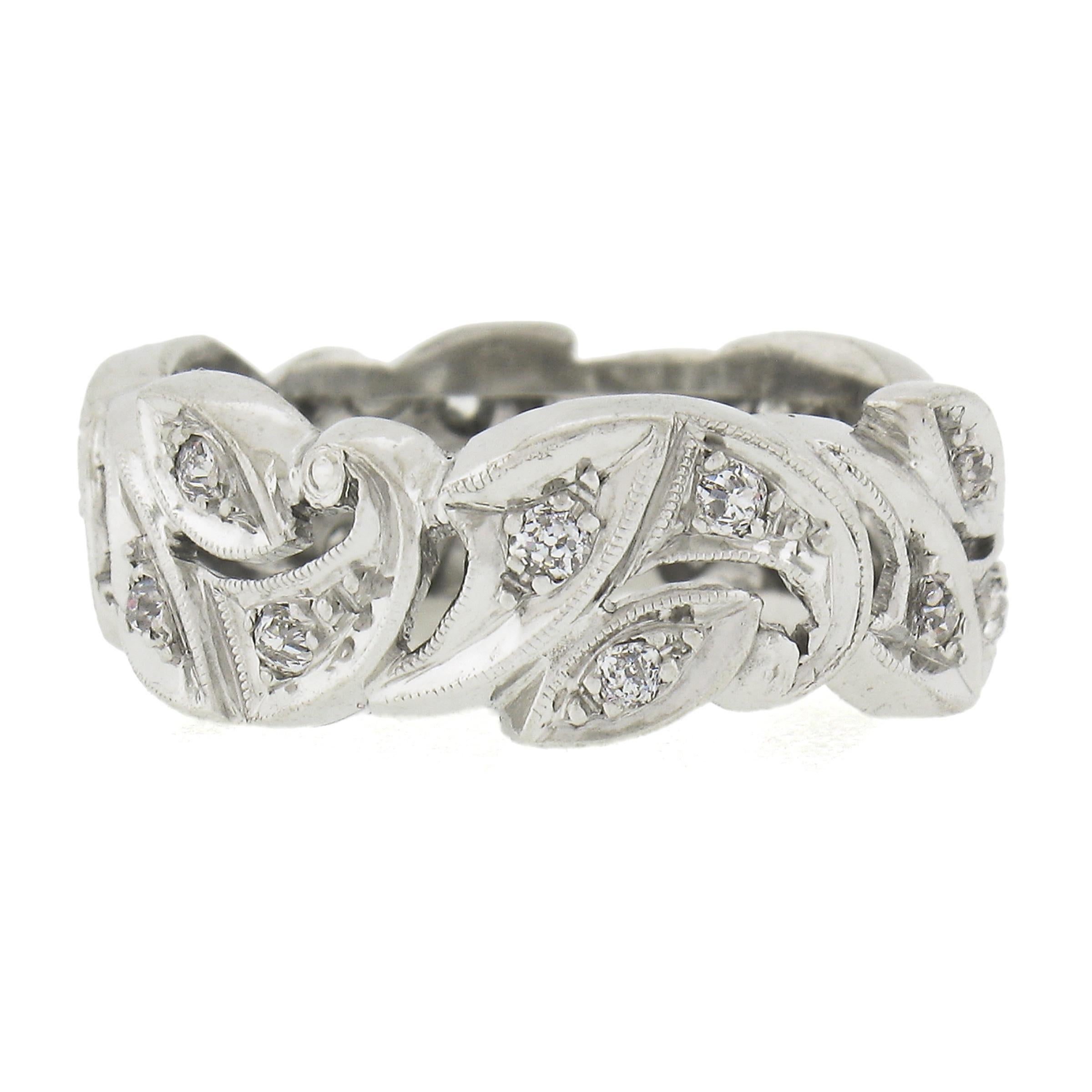 Round Cut Vintage Platinum 0.40ctw Old Cut Diamond Wide Floral Eternity Wedding Band Ring For Sale