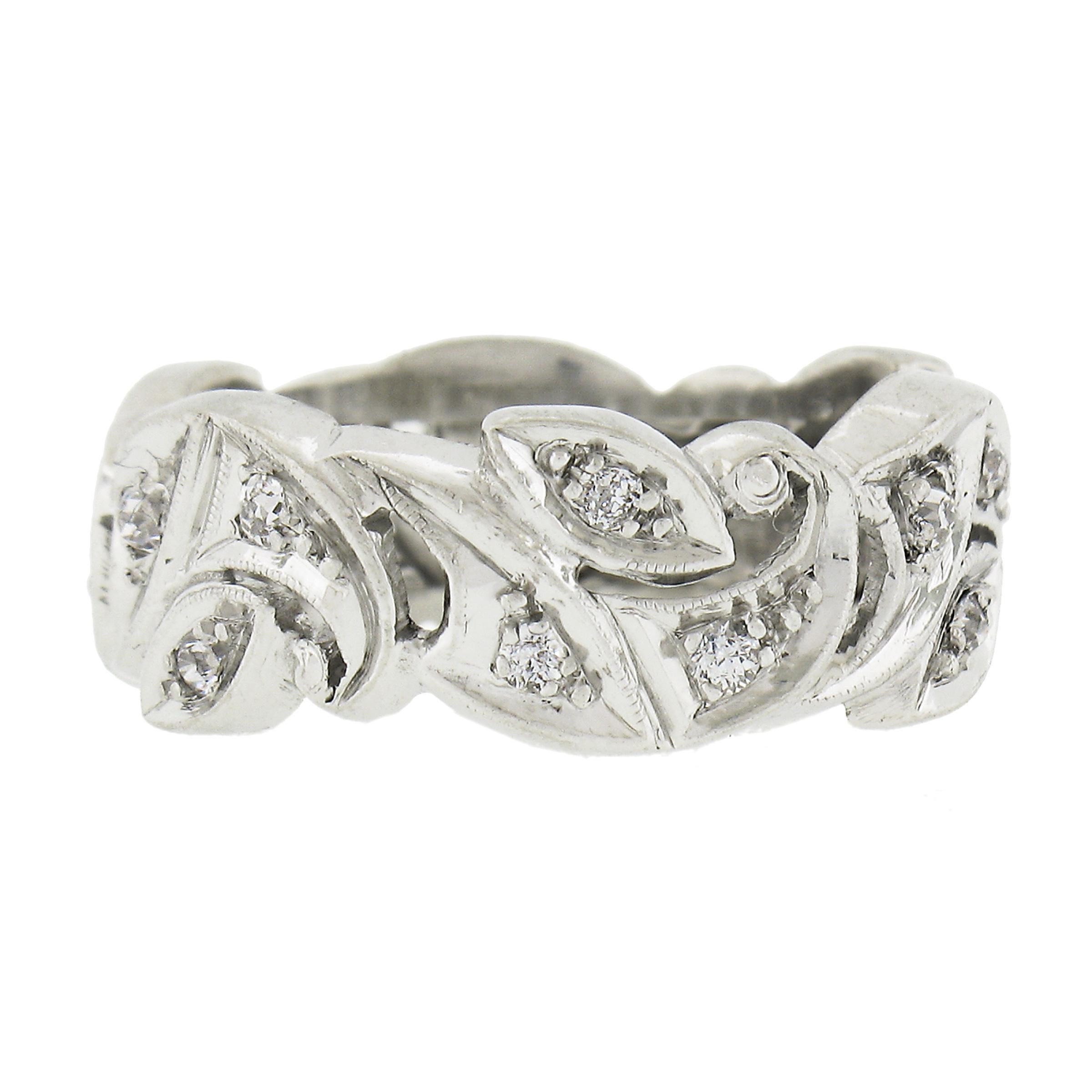 Vintage Platinum 0.40ctw Old Cut Diamond Wide Floral Eternity Wedding Band Ring In Excellent Condition For Sale In Montclair, NJ