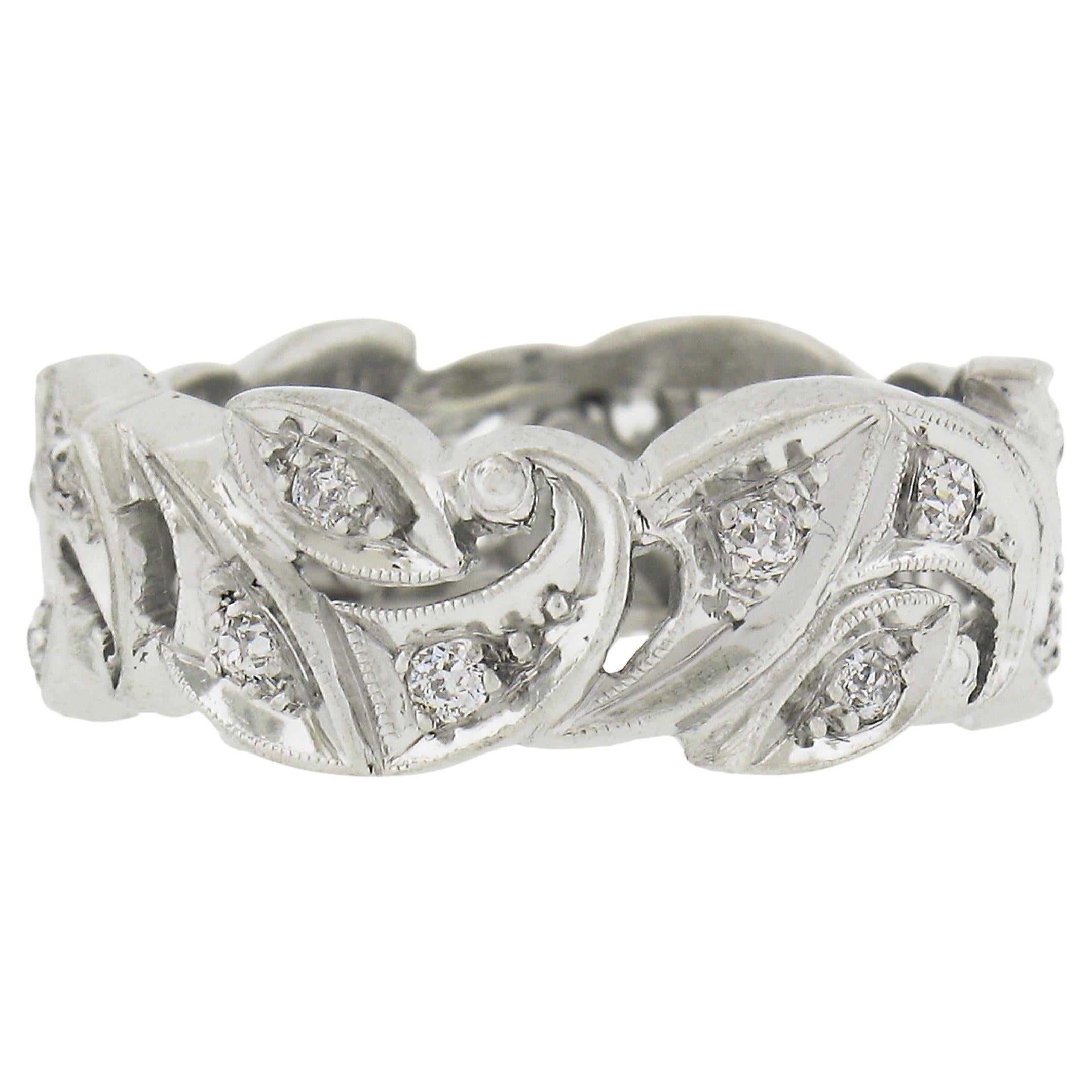 Vintage Platinum 0.40ctw Old Cut Diamond Wide Floral Eternity Wedding Band Ring For Sale