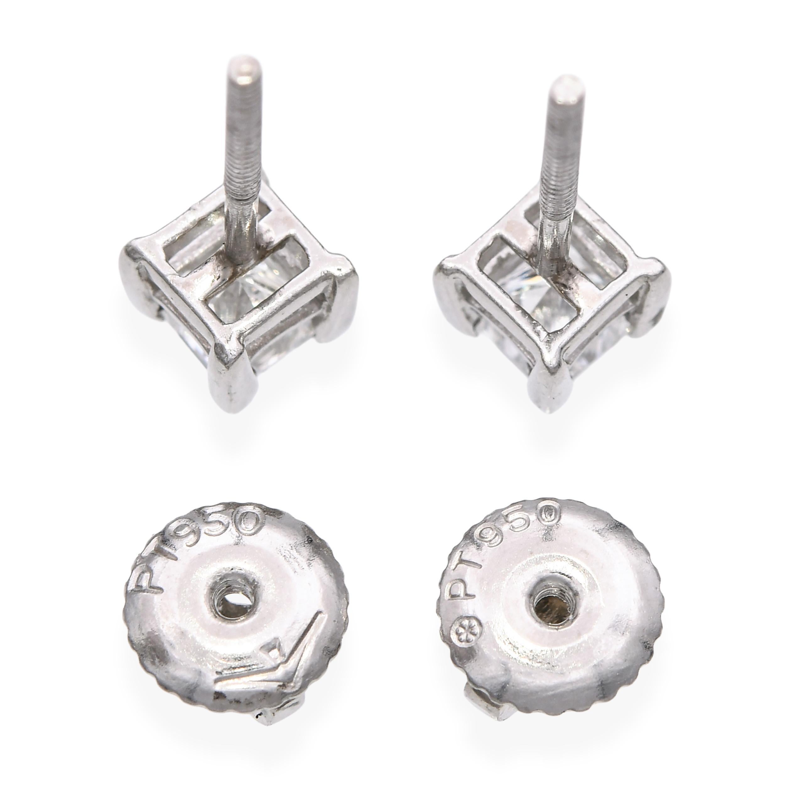 Women's Vintage Platinum 0.62tcw Princess Cut Diamond Stud Earrings For Sale
