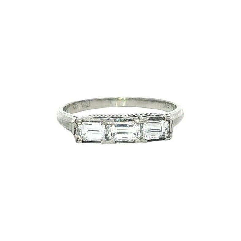 Vintage Platinum 0.66ctw Long East West Baguette Diamond 3 Stone Band Ring en vente