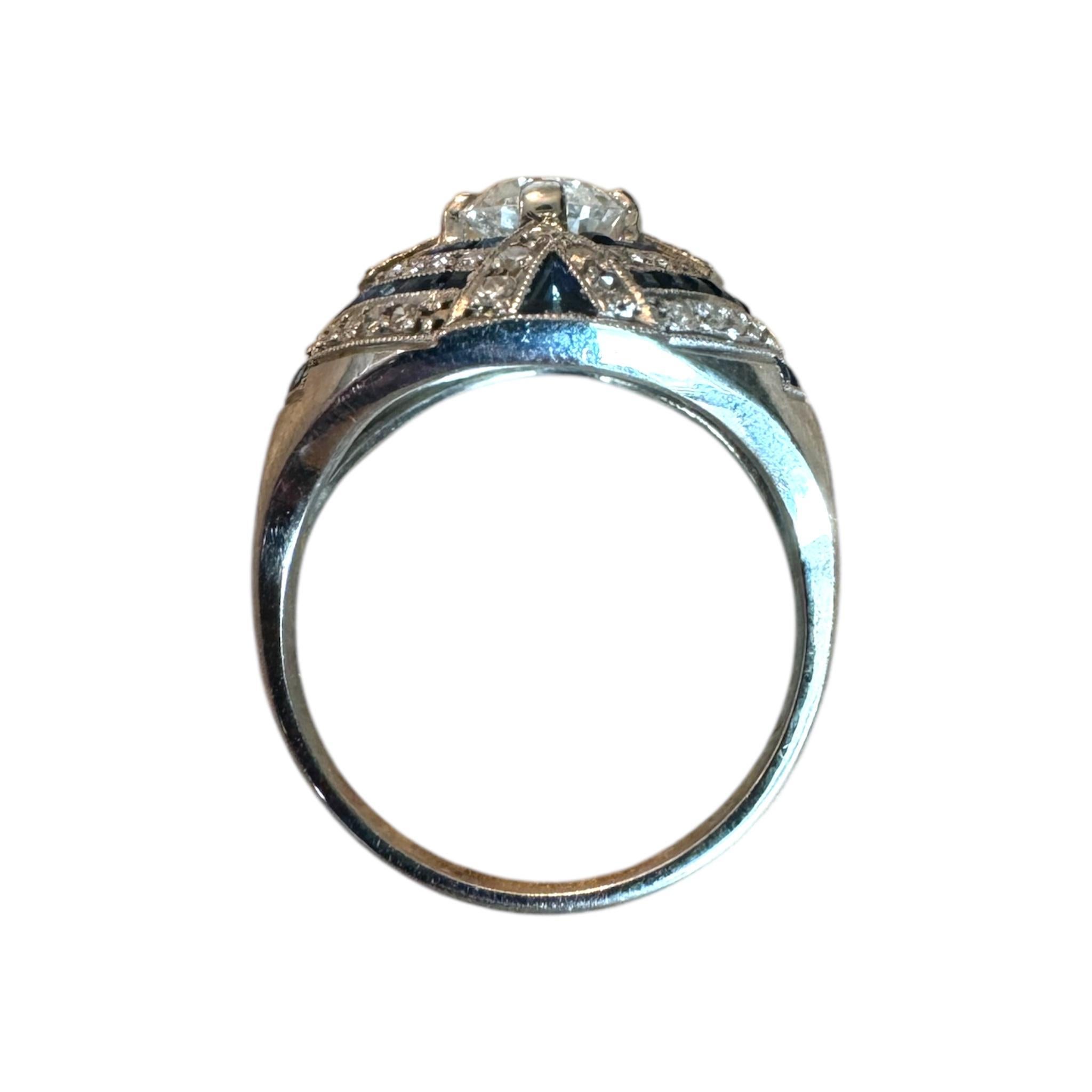 Bague halo en platine de 0,75 carat de diamant et saphir de taille européenne ancienne en vente 3