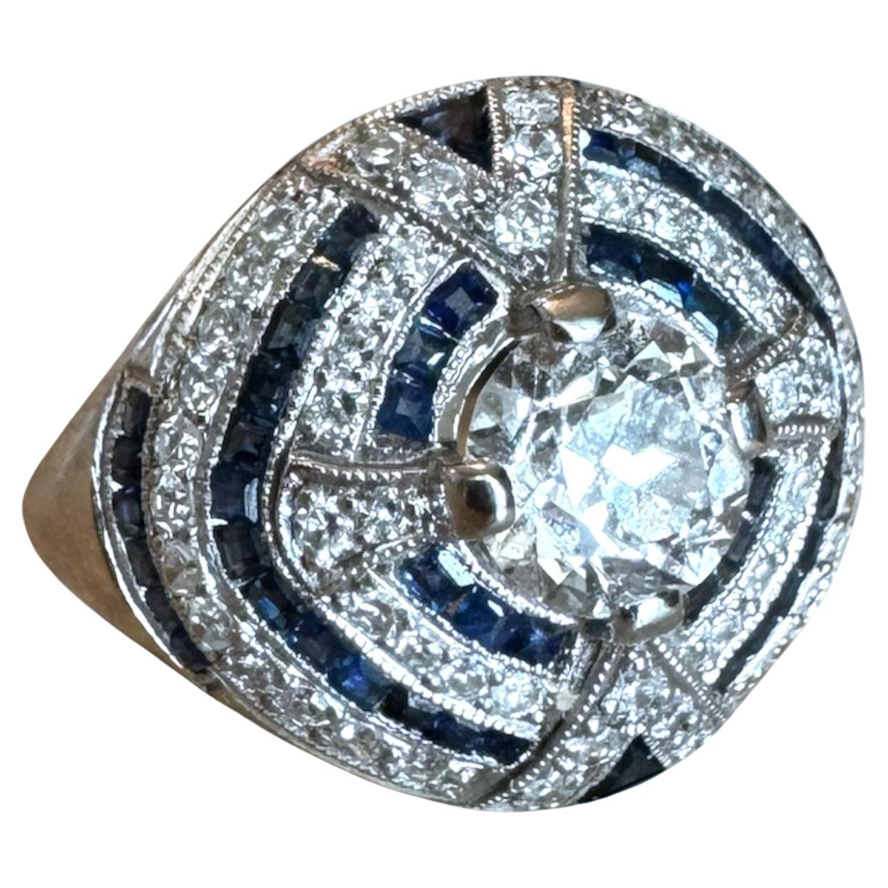Bague halo en platine de 0,75 carat de diamant et saphir de taille européenne ancienne