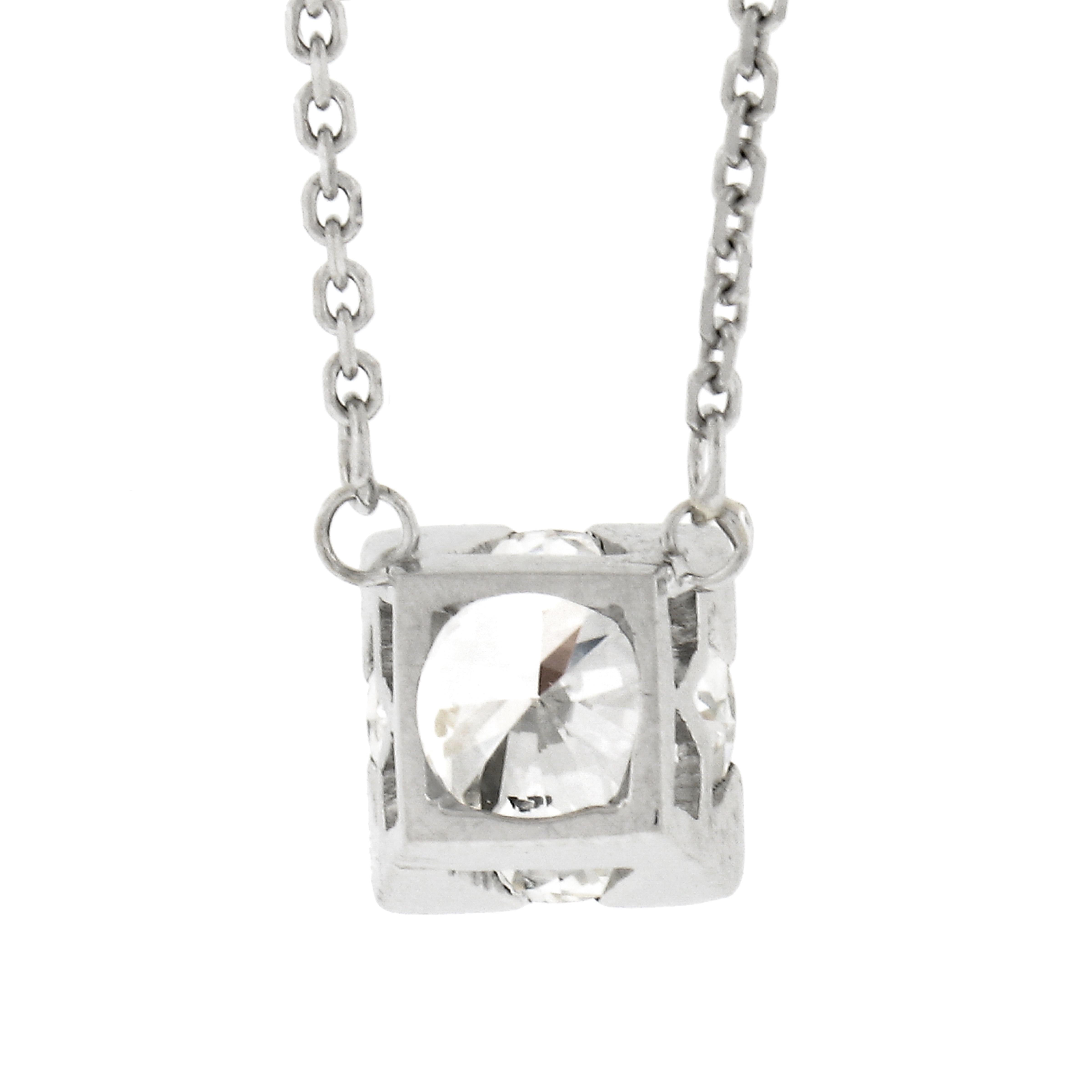 Colgante cuadrado vintage de platino con diamante redondo solitario de 0,92 ct y cadena de cable en venta 1