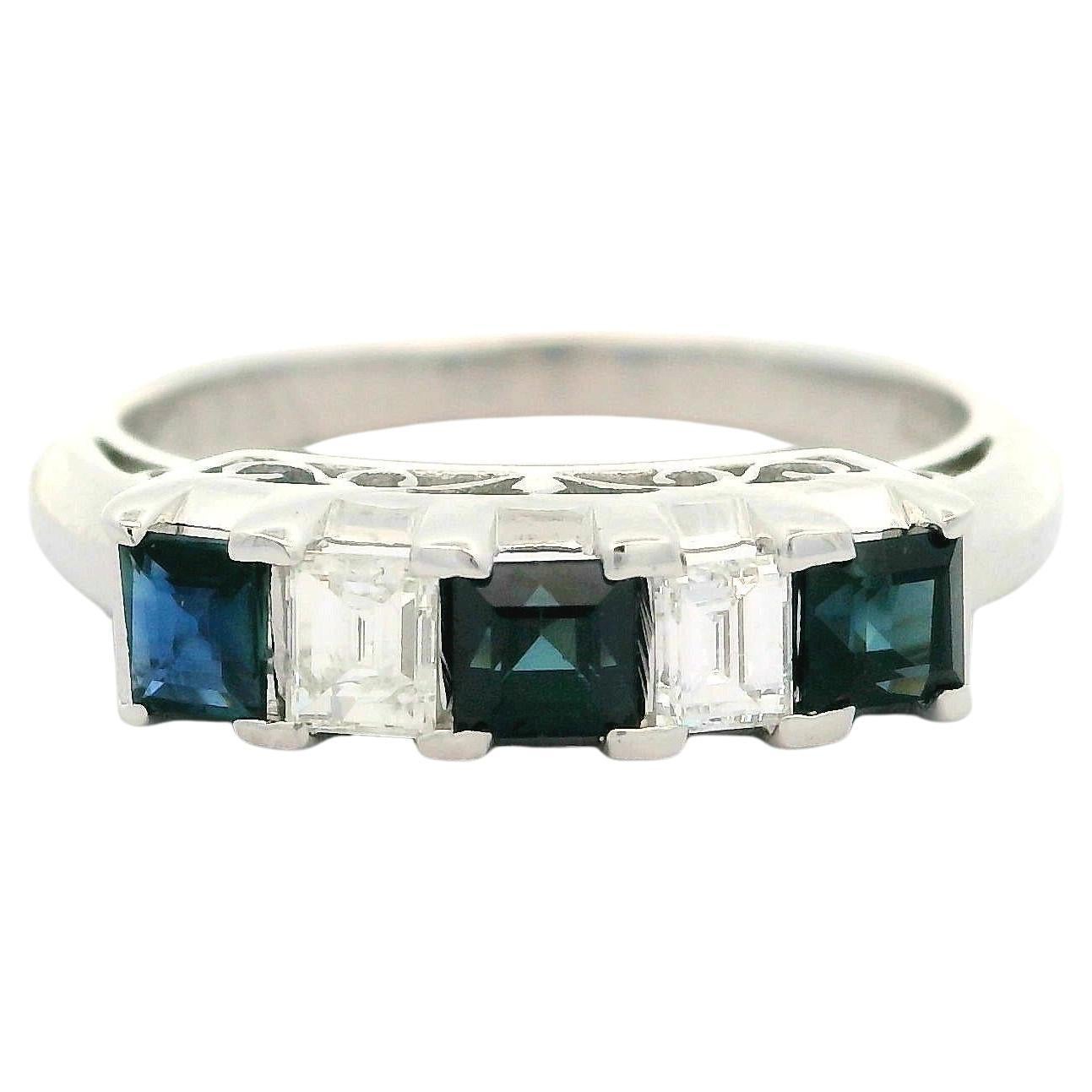 Vintage Platinum 0.98ctw Carre Square Step Cut Sapphire 
Diamond Band Ring For Sale