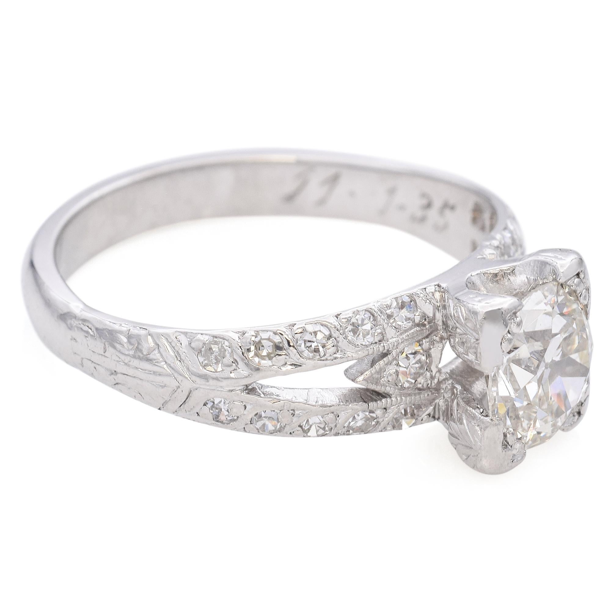 Vintage Platinum 1.01ct Brilliant Cut Diamond Engagement Ring For Sale 1