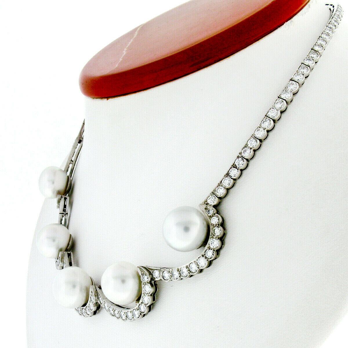 Art Deco Platinum 10.25 Carat Diamond and Floating South Sea Pearl Statement Necklace For Sale