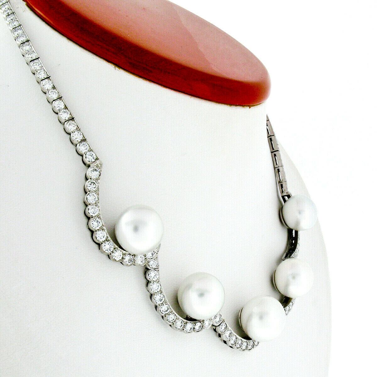 Round Cut Platinum 10.25 Carat Diamond and Floating South Sea Pearl Statement Necklace For Sale