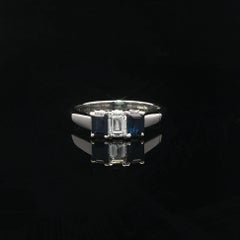 Vintage Platinum 1.02ctw Rectangular Step Diamond & Sapphire 3 Stone Ring