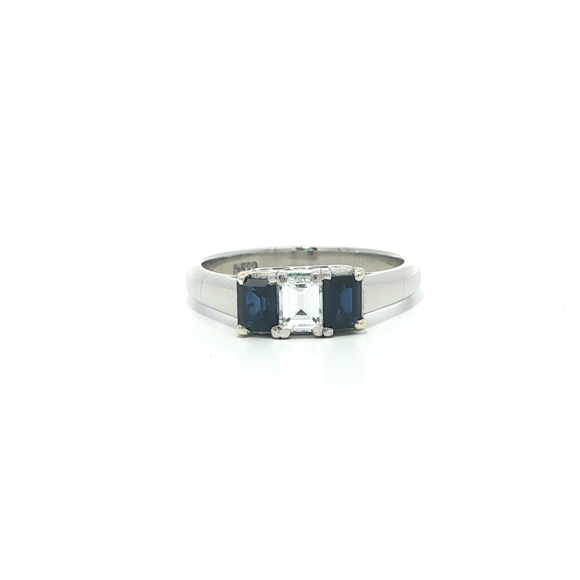 Vintage Platinum 1.02ctw Rectangular Step Diamond 
Sapphire 3 Stone Ring For Sale
