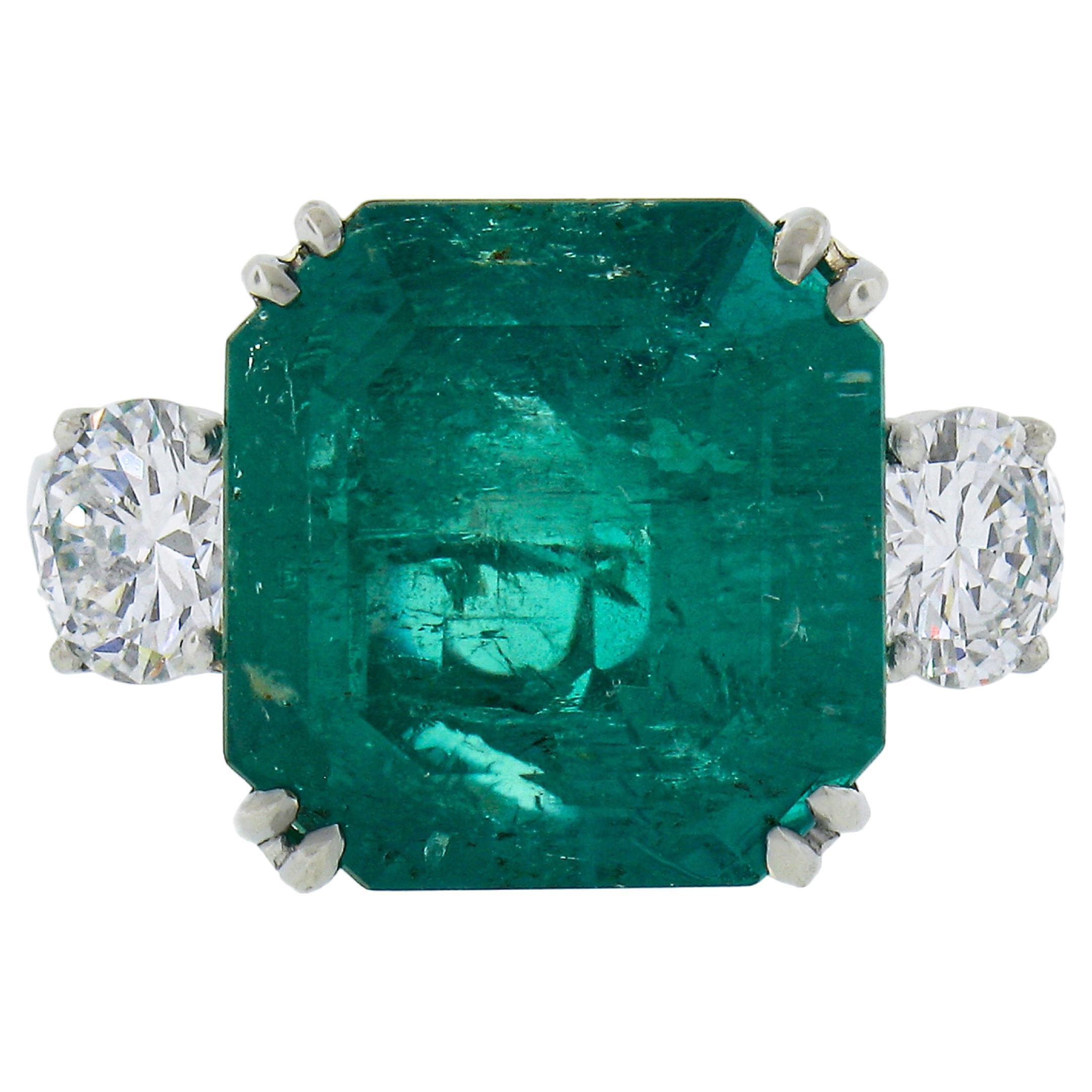 Vintage Platinum 10.31ct AGL Square Colombian Emerald w/ Diamond Cocktail Ring For Sale