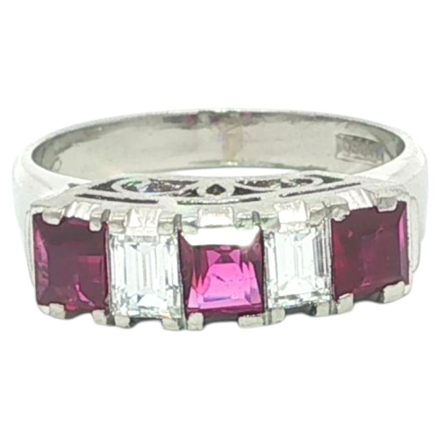 Vintage Platinum 1.03ct Step Cut Ruby & Step Cut Diamond Stackable Band Ring