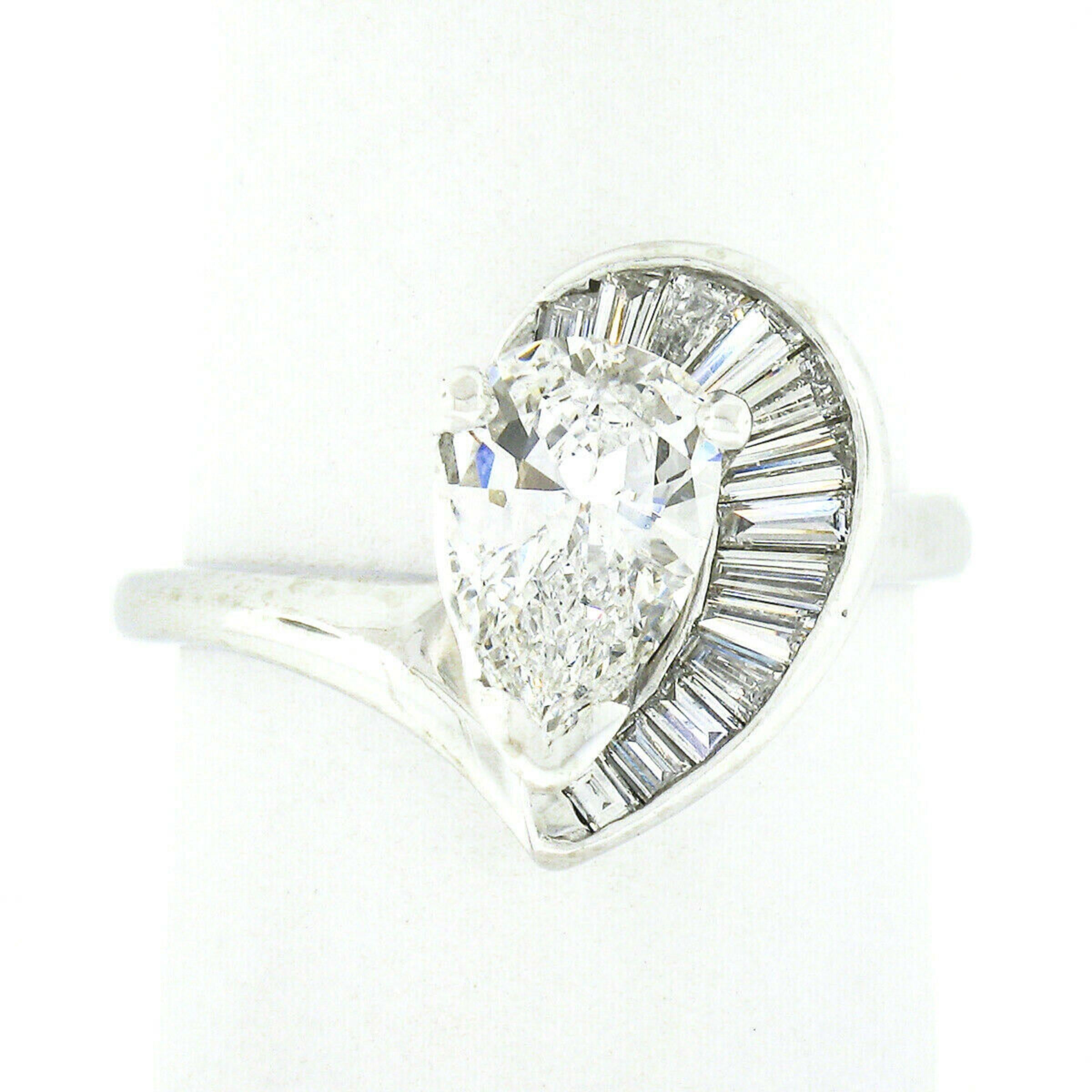 Vintage Platinum 1.06ct GIA Pear Diamond Solitaire & Baguettes Engagement Ring In Excellent Condition In Montclair, NJ