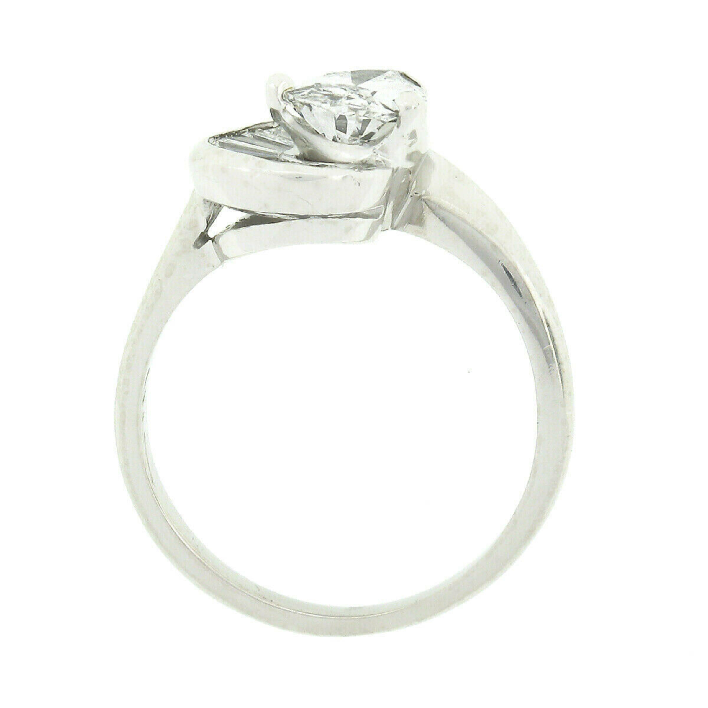Vintage Platinum 1.06ct GIA Pear Diamond Solitaire & Baguettes Engagement Ring 1