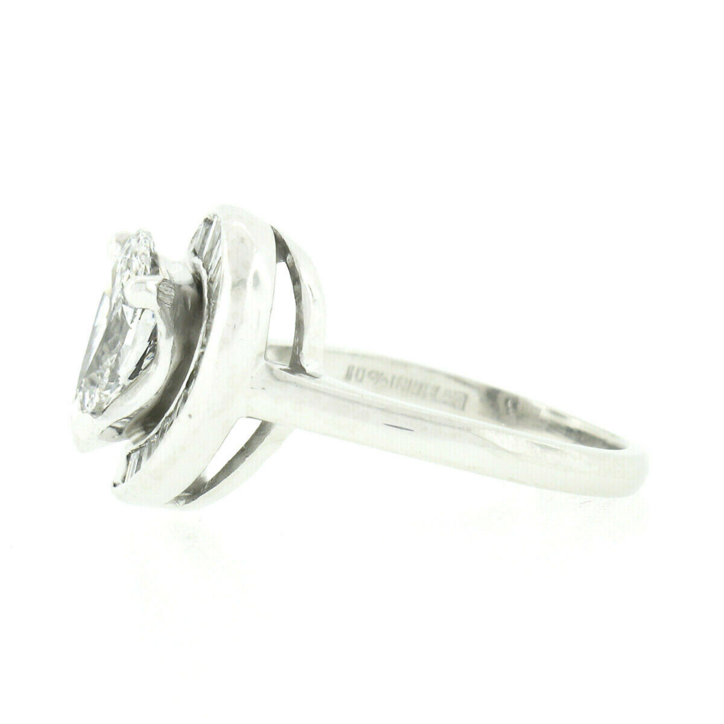 Vintage Platinum 1.06ct GIA Pear Diamond Solitaire & Baguettes Engagement Ring 2
