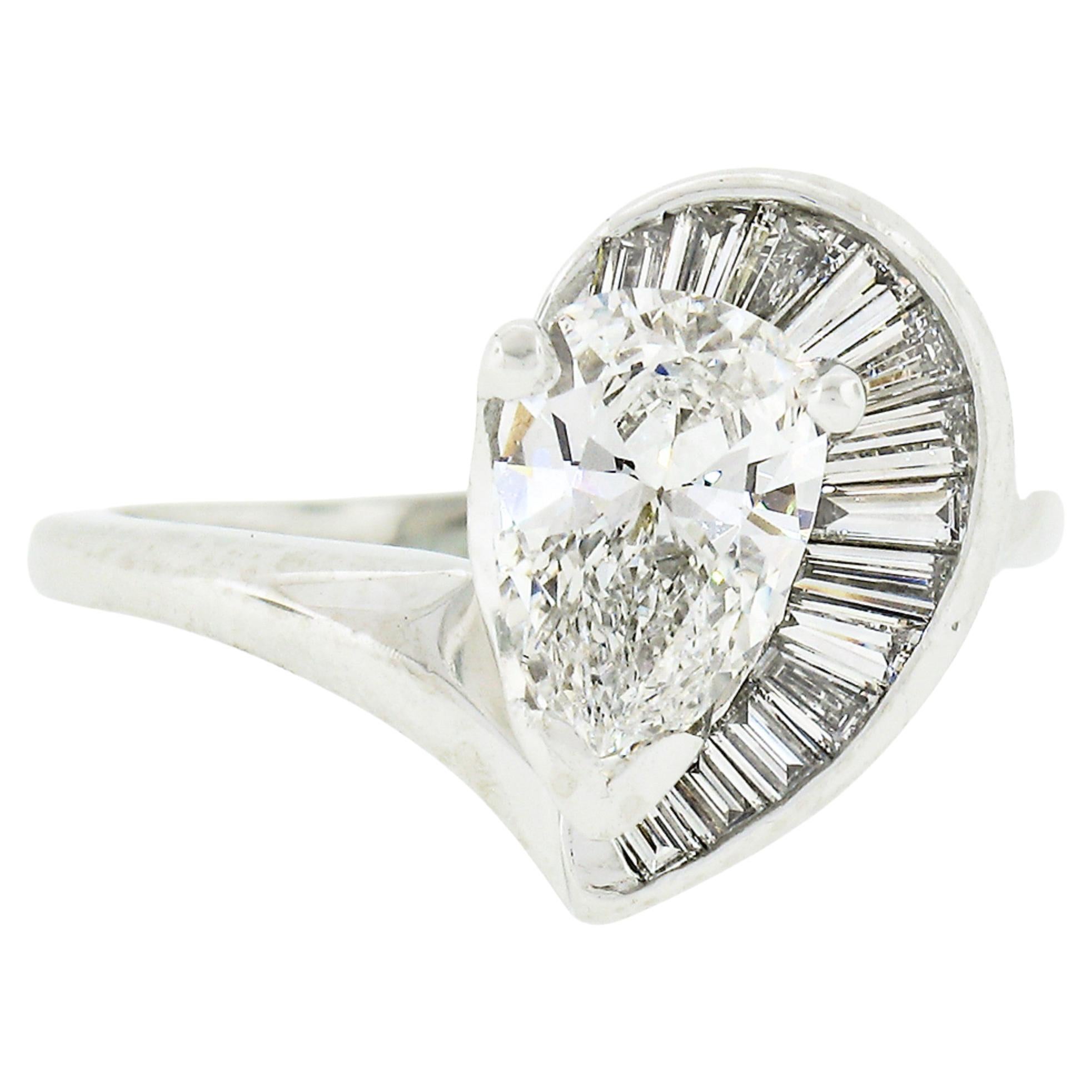 Vintage Platinum 1.06ct GIA Pear Diamond Solitaire & Baguettes Engagement Ring