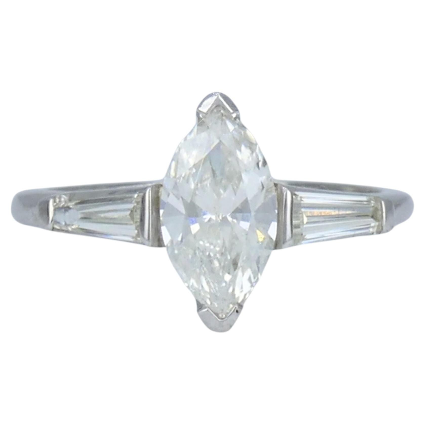 Vintage Platinum 1.07 Carat Marquise Diamond Three Stone Ring