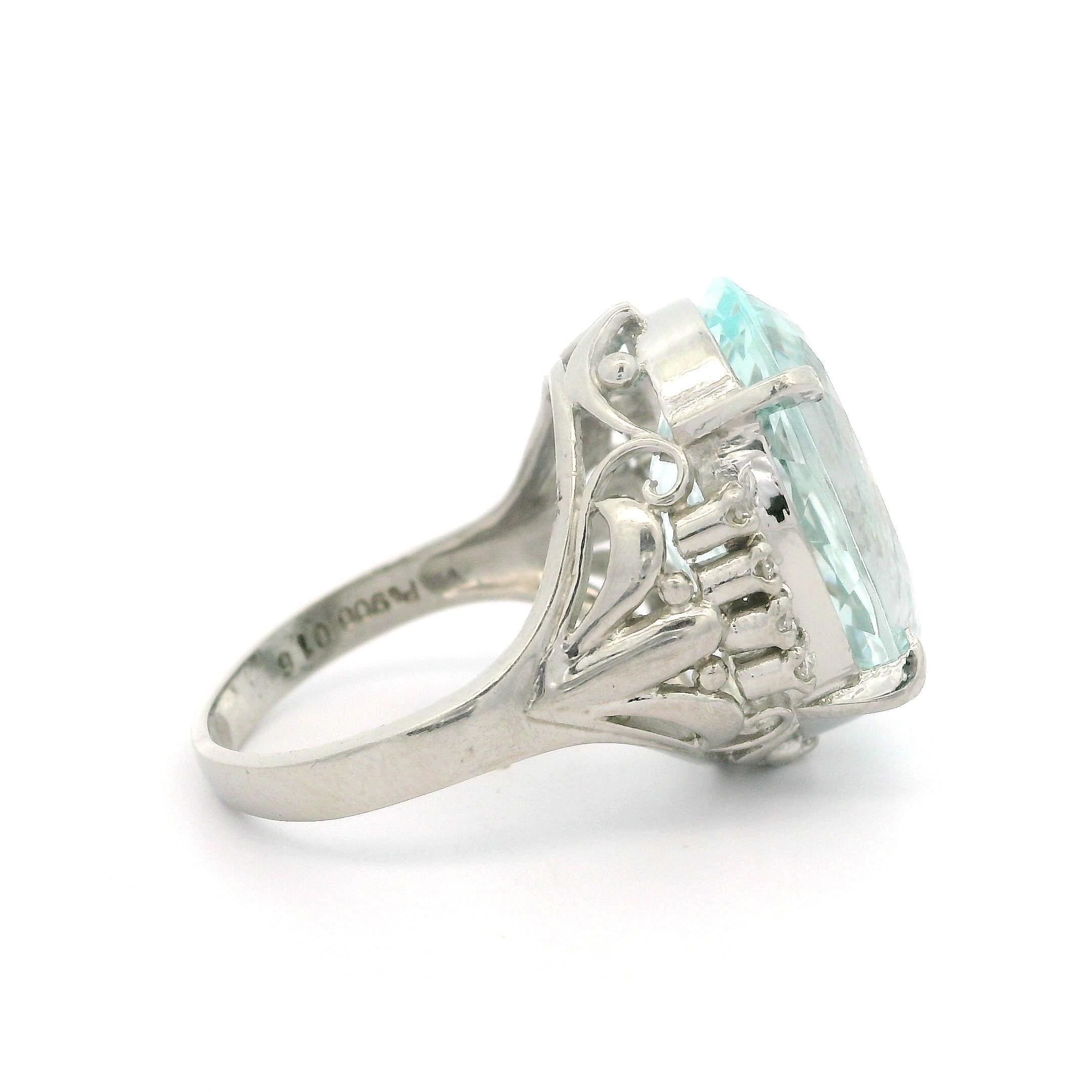 Vintage Platinum 10.85ctw Large Oval Aquamarine & Diamond Open Work Ring For Sale 6