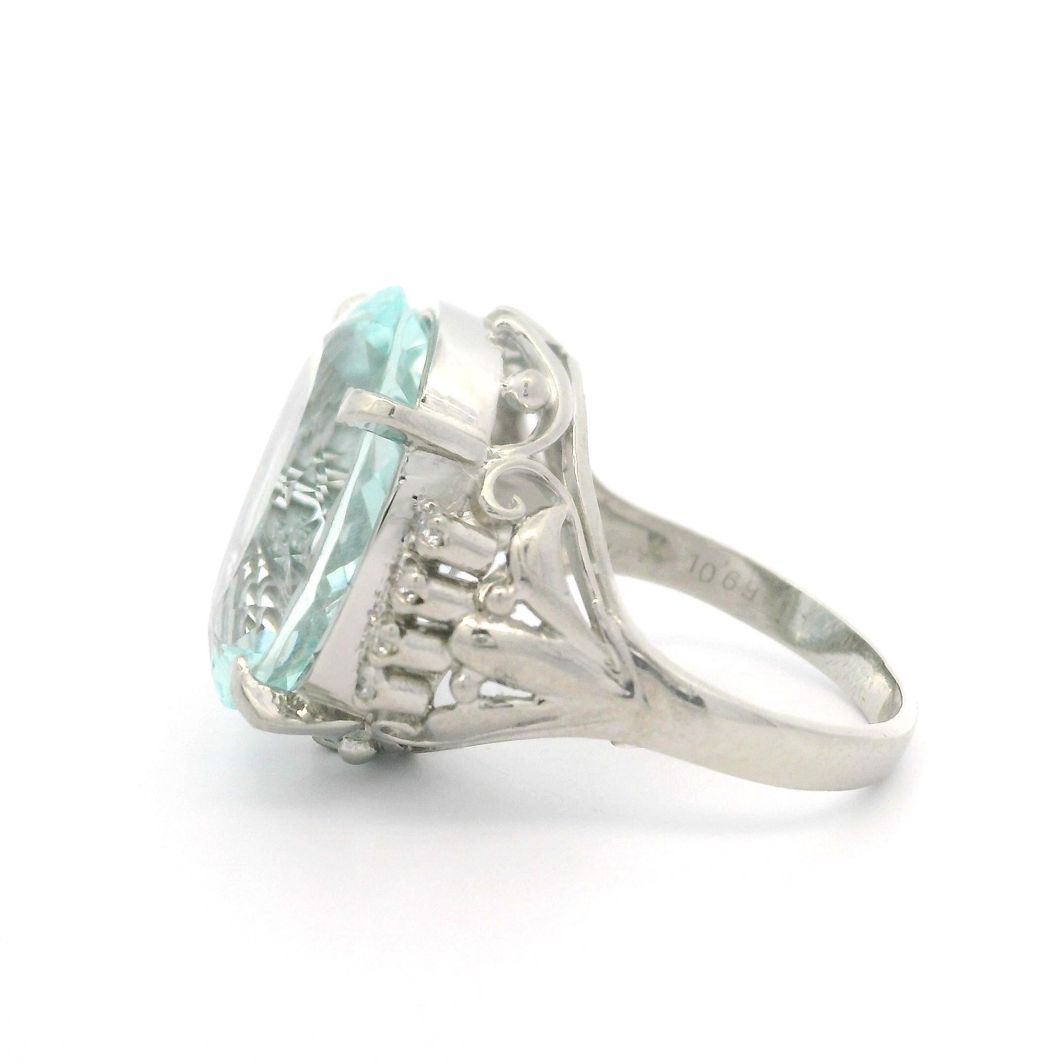 Vintage Platinum 10.85ctw Large Oval Aquamarine & Diamond Open Work Ring For Sale 7