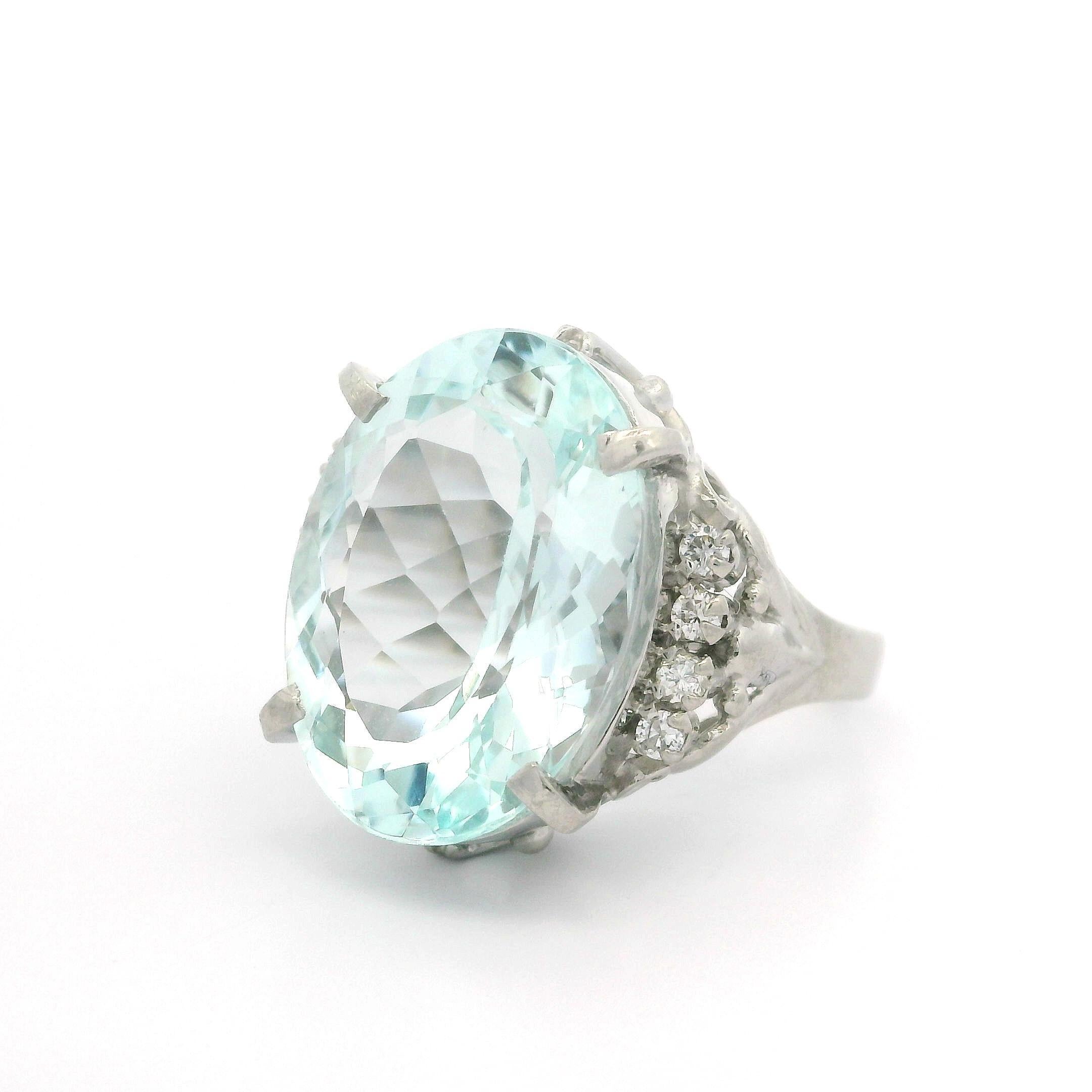Vintage Platinum 10.85ctw Large Oval Aquamarine & Diamond Open Work Ring For Sale 8