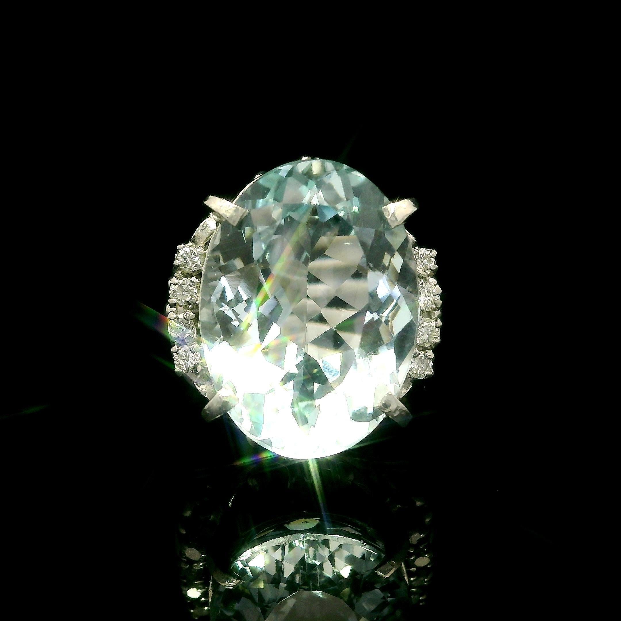 Vintage Platinum 10.85ctw Large Oval Aquamarine & Diamond Open Work Ring In Good Condition For Sale In Montclair, NJ