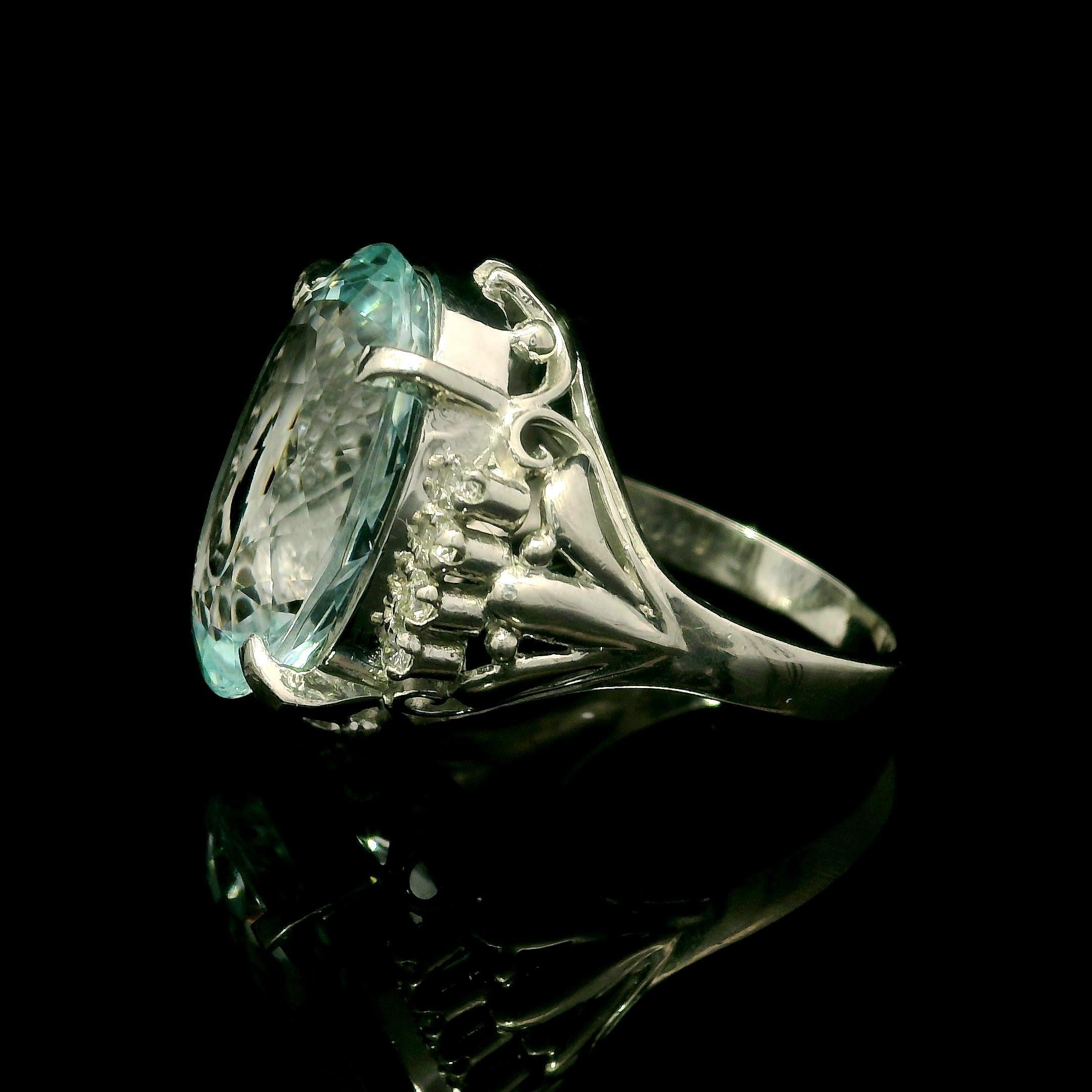 Vintage Platinum 10.85ctw Large Oval Aquamarine & Diamond Open Work Ring For Sale 2