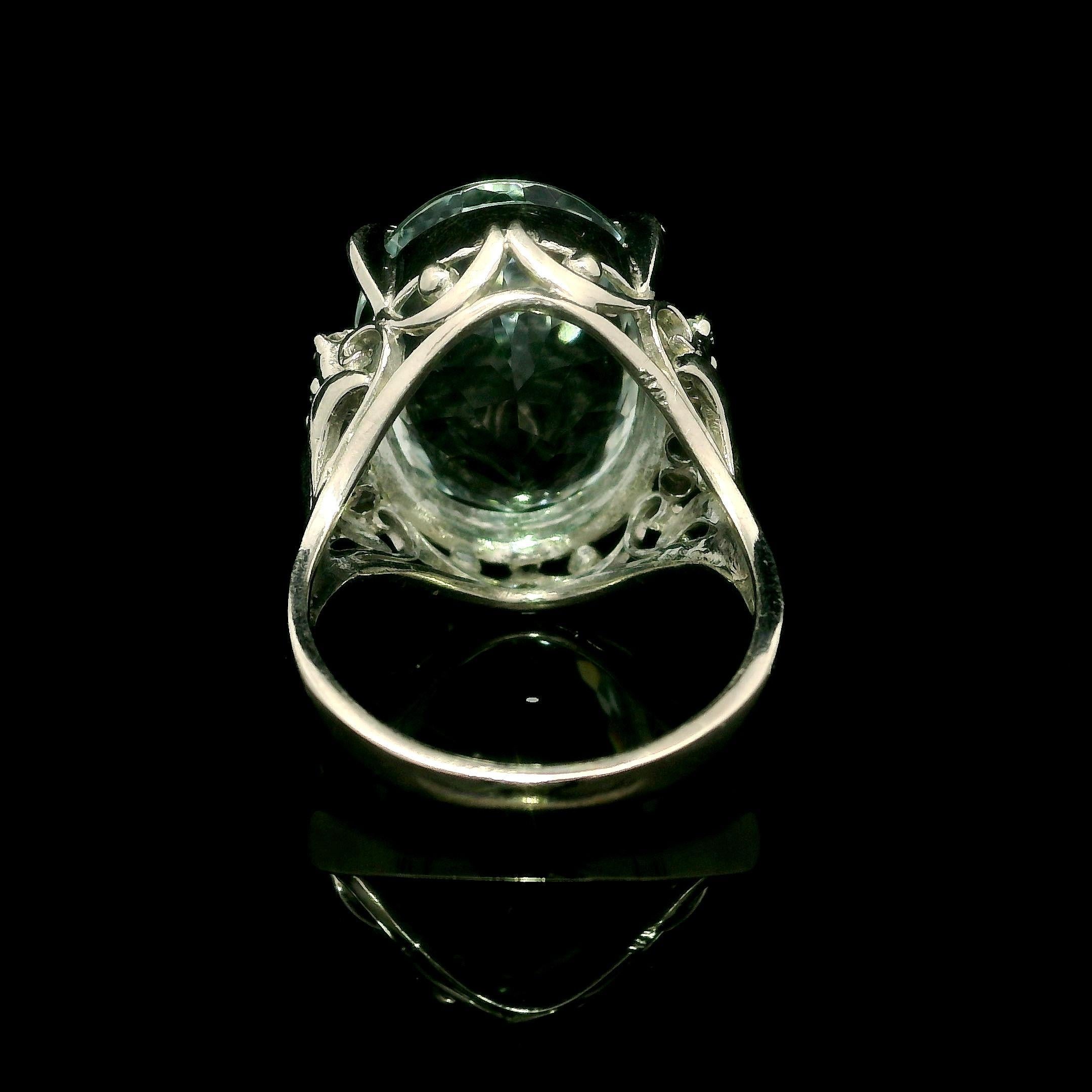 Vintage Platinum 10.85ctw Large Oval Aquamarine & Diamond Open Work Ring For Sale 3