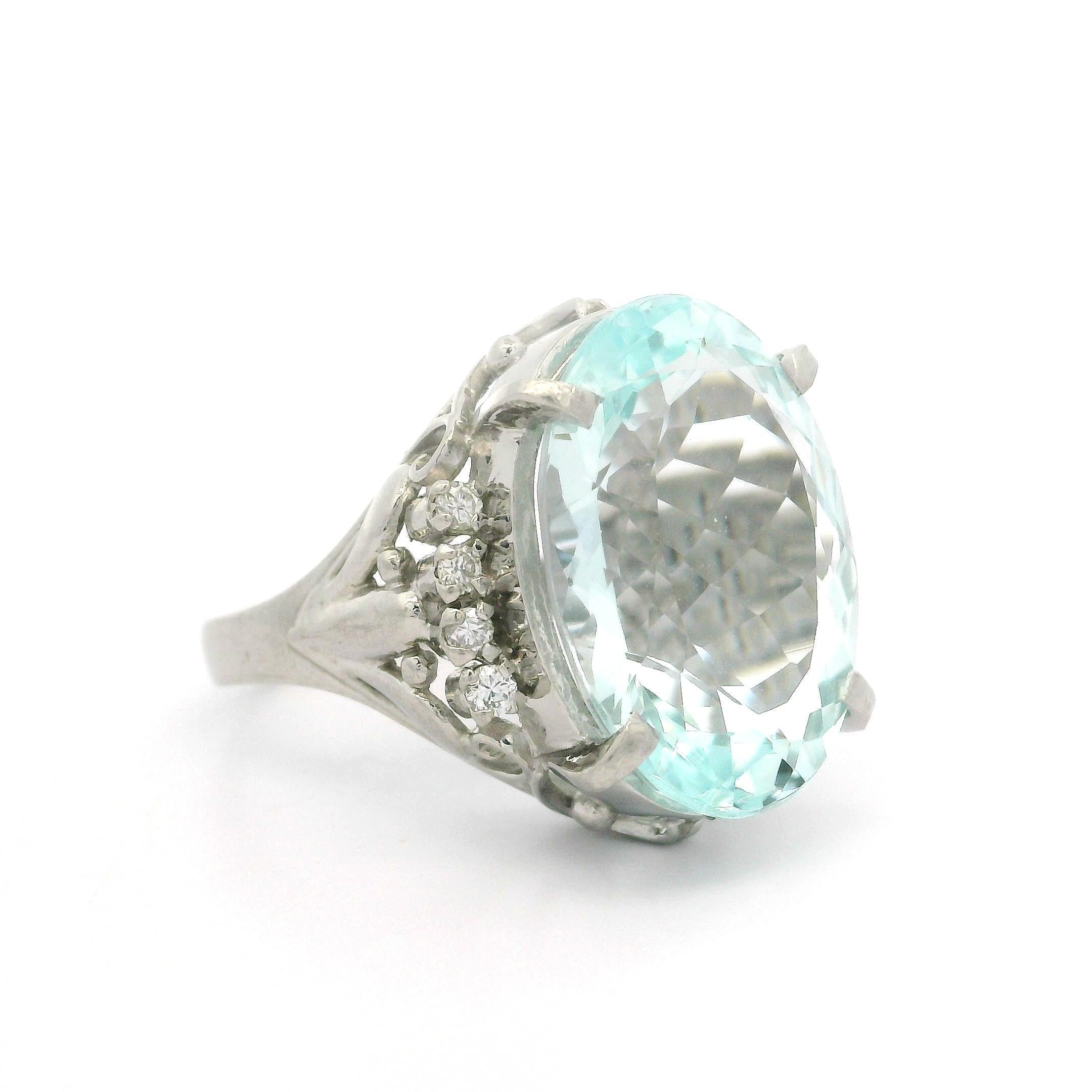 Vintage Platinum 10.85ctw Large Oval Aquamarine & Diamond Open Work Ring For Sale 4