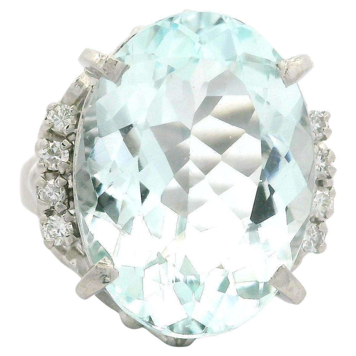 Vintage Platinum 10.85ctw Large Oval Aquamarine & Diamond Open Work Ring For Sale