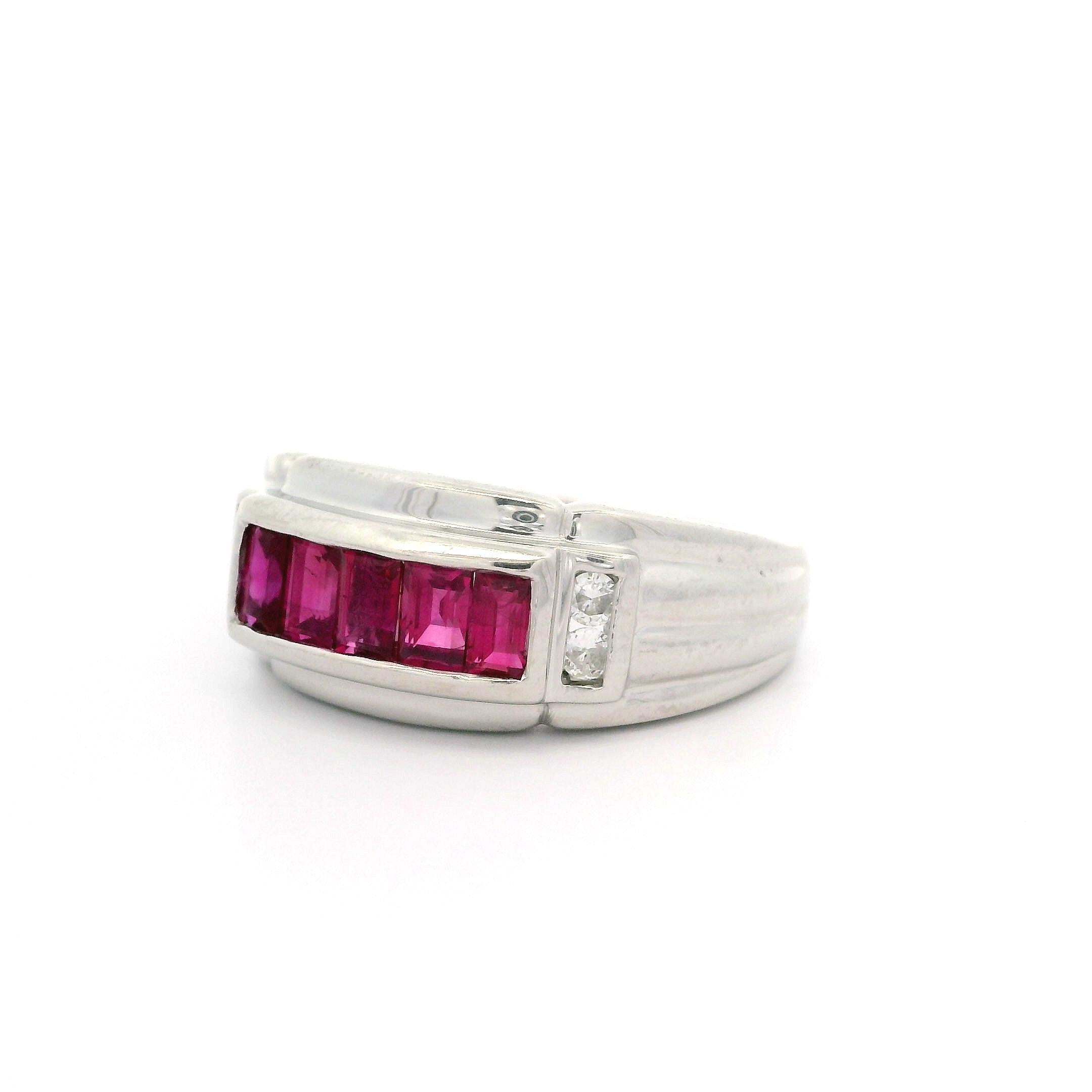 Vintage Platinum 1.09ctw Baguette Ruby & Round Diamond Wide Band Ring For Sale 5