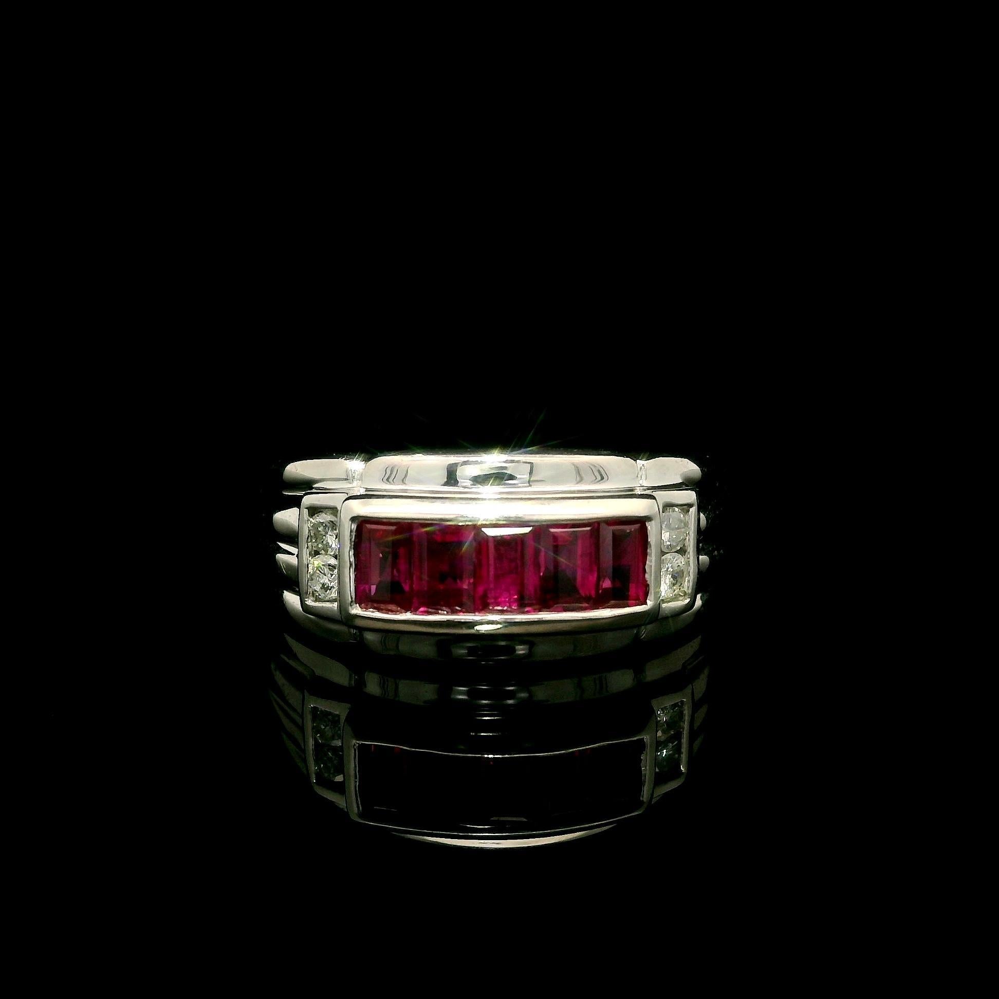 -- Stone(s):--
(4) Natural Genuine Diamonds - Round Brilliant Cut - Channel Set - White Color - 0.09ctw (exact - stamped)
(5) Natural Genuine Rubies - Straight Baguette Cut - Channel Set - Very Fine - Pinkish Red Color - 1.0ctw (exact -