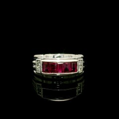 Vintage Platinum 1.09ctw Baguette Ruby & Round Diamond Wide Band Ring