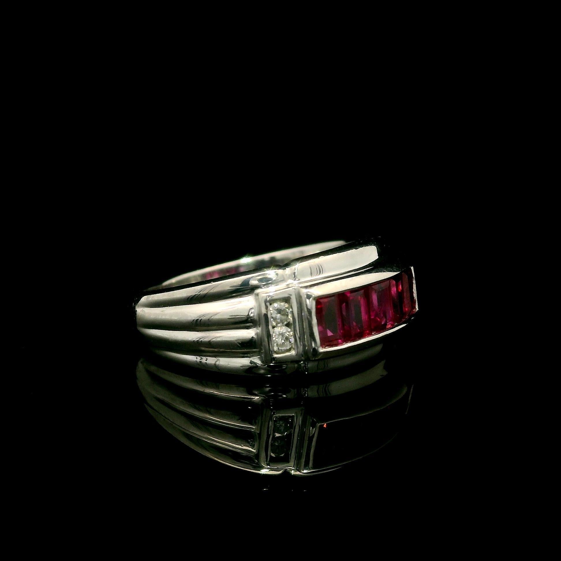 Baguette Cut Vintage Platinum 1.09ctw Baguette Ruby & Round Diamond Wide Band Ring For Sale