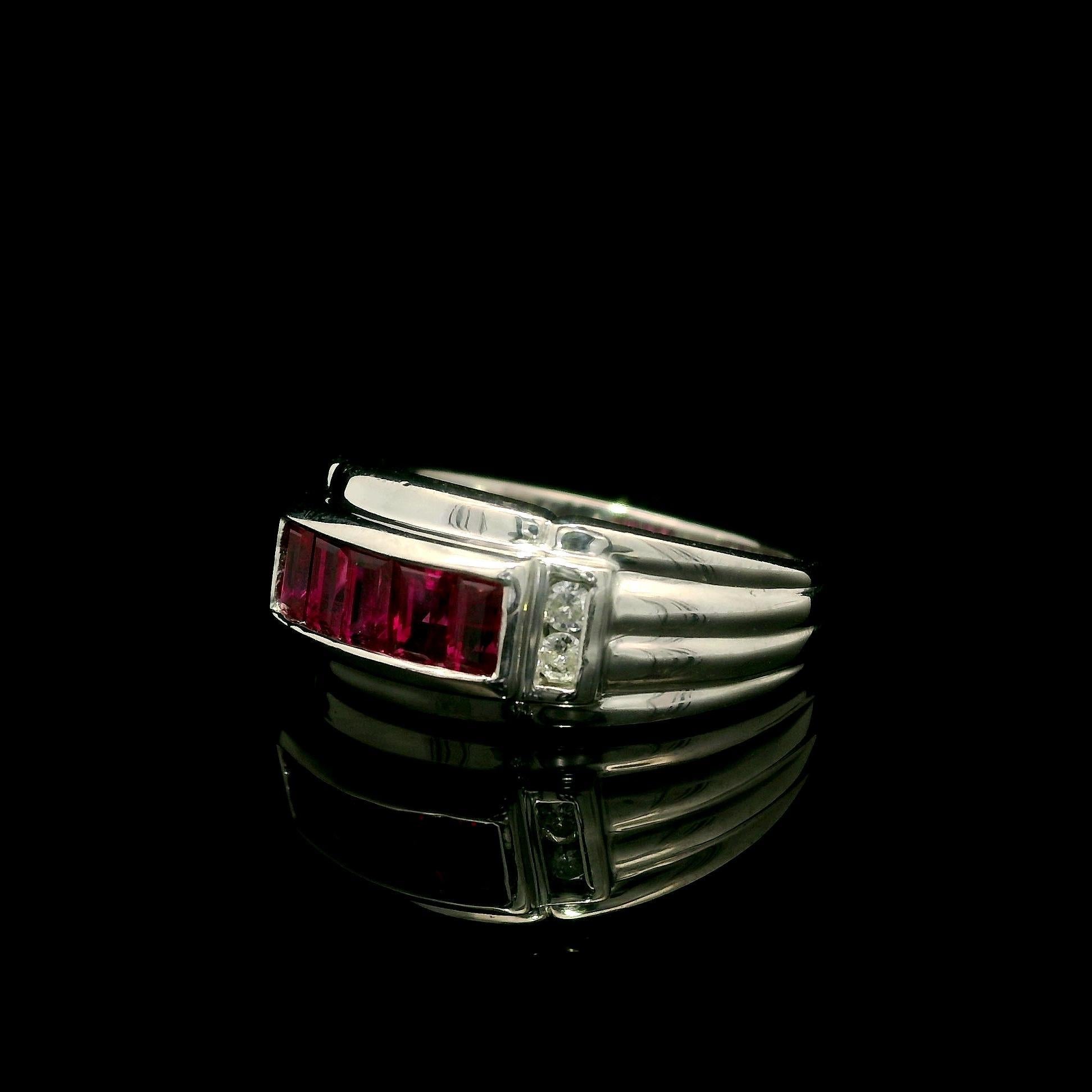 Vintage Platinum 1.09ctw Baguette Ruby & Round Diamond Wide Band Ring In Excellent Condition For Sale In Montclair, NJ