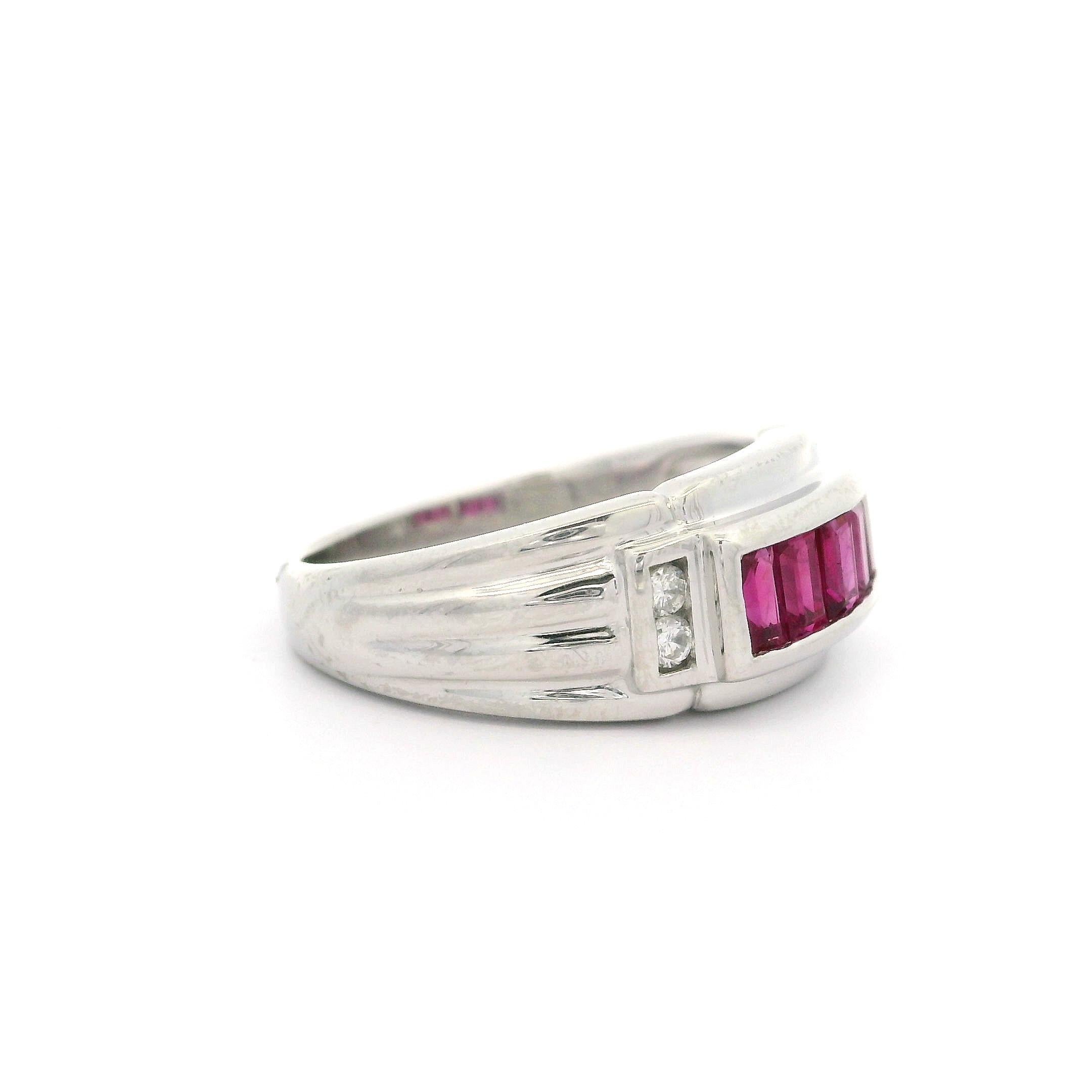 Women's Vintage Platinum 1.09ctw Baguette Ruby & Round Diamond Wide Band Ring For Sale