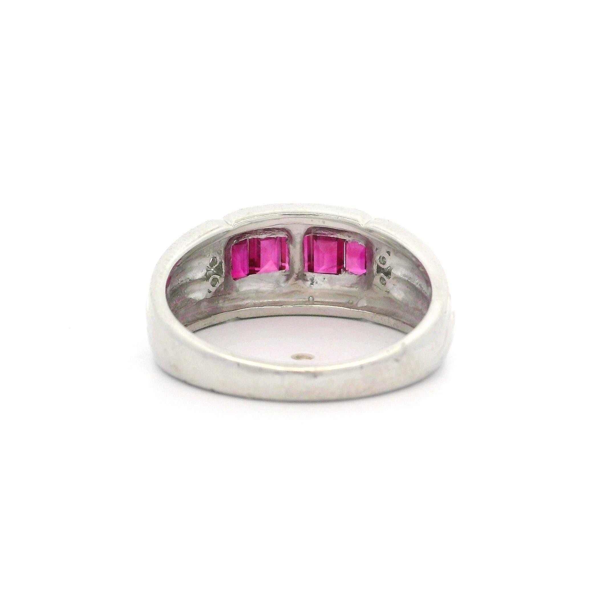 Vintage Platinum 1.09ctw Baguette Ruby & Round Diamond Wide Band Ring For Sale 1