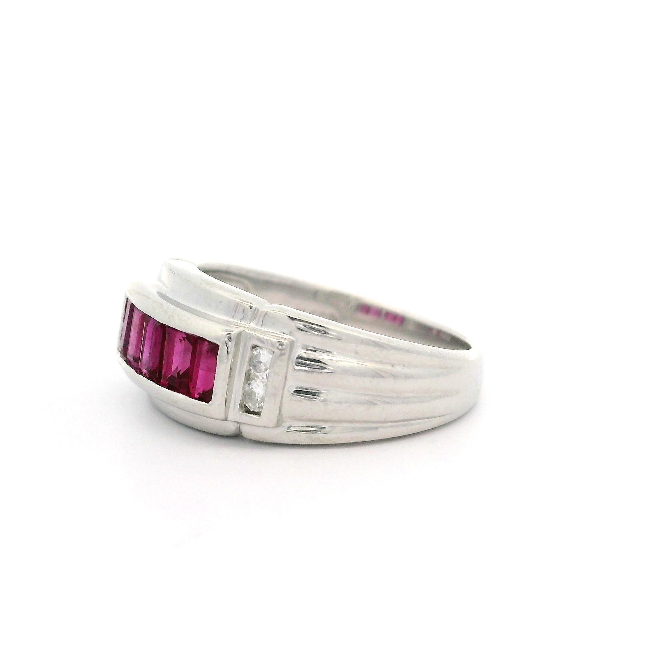 Vintage Platinum 1.09ctw Baguette Ruby & Round Diamond Wide Band Ring For Sale 2