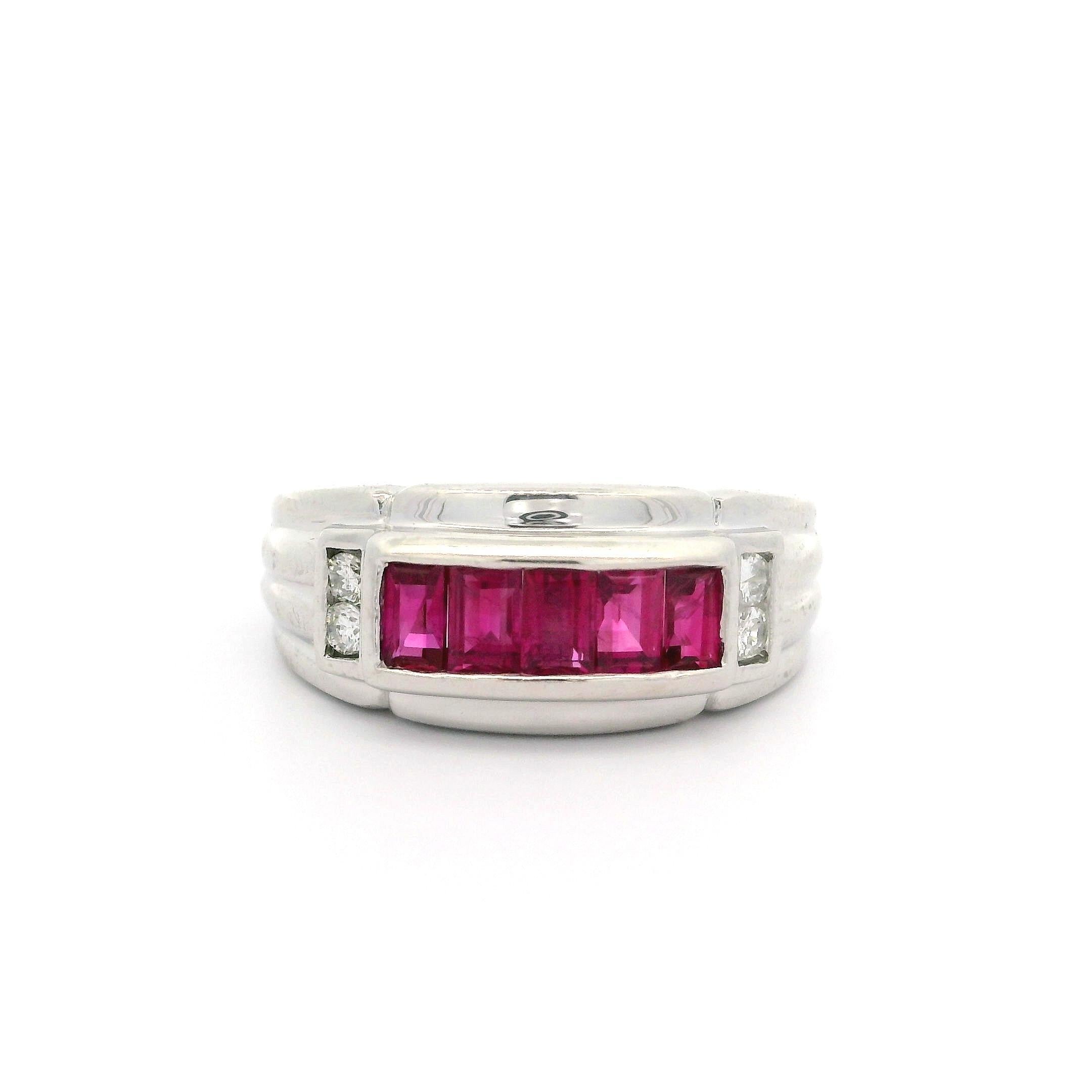 Vintage Platinum 1.09ctw Baguette Ruby & Round Diamond Wide Band Ring For Sale 3