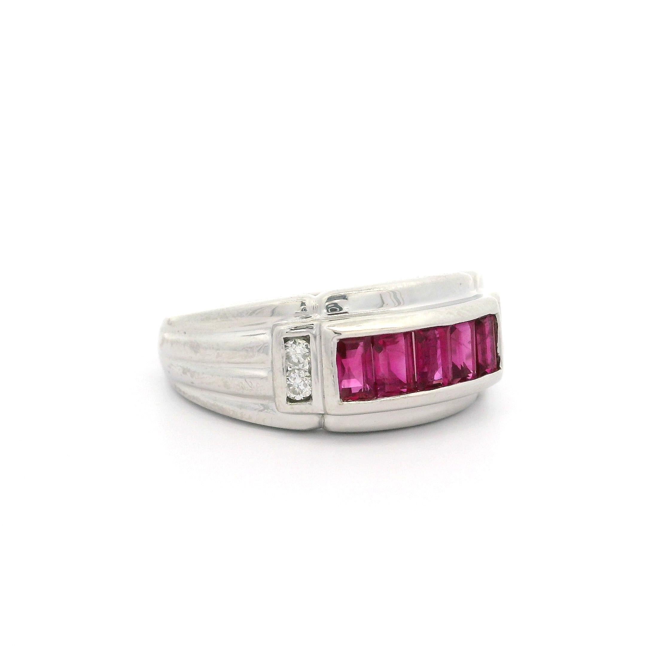 Vintage Platinum 1.09ctw Baguette Ruby & Round Diamond Wide Band Ring For Sale 4