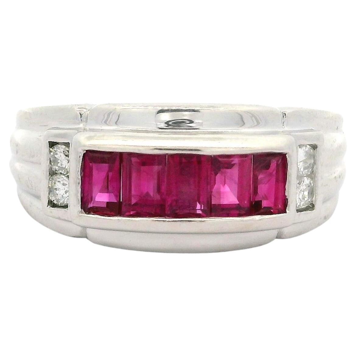 Vintage Platinum 1.09ctw Baguette Ruby & Round Diamond Wide Band Ring For Sale