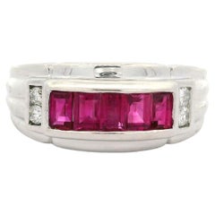 Vintage Platinum 1.09ctw Baguette Ruby & Round Diamond Wide Band Ring