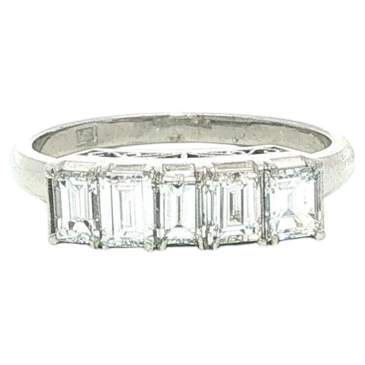 Vintage Platinum 1.11ctw 5 Rectangular Step Cut Diamond Stack Wedding Band Ring For Sale