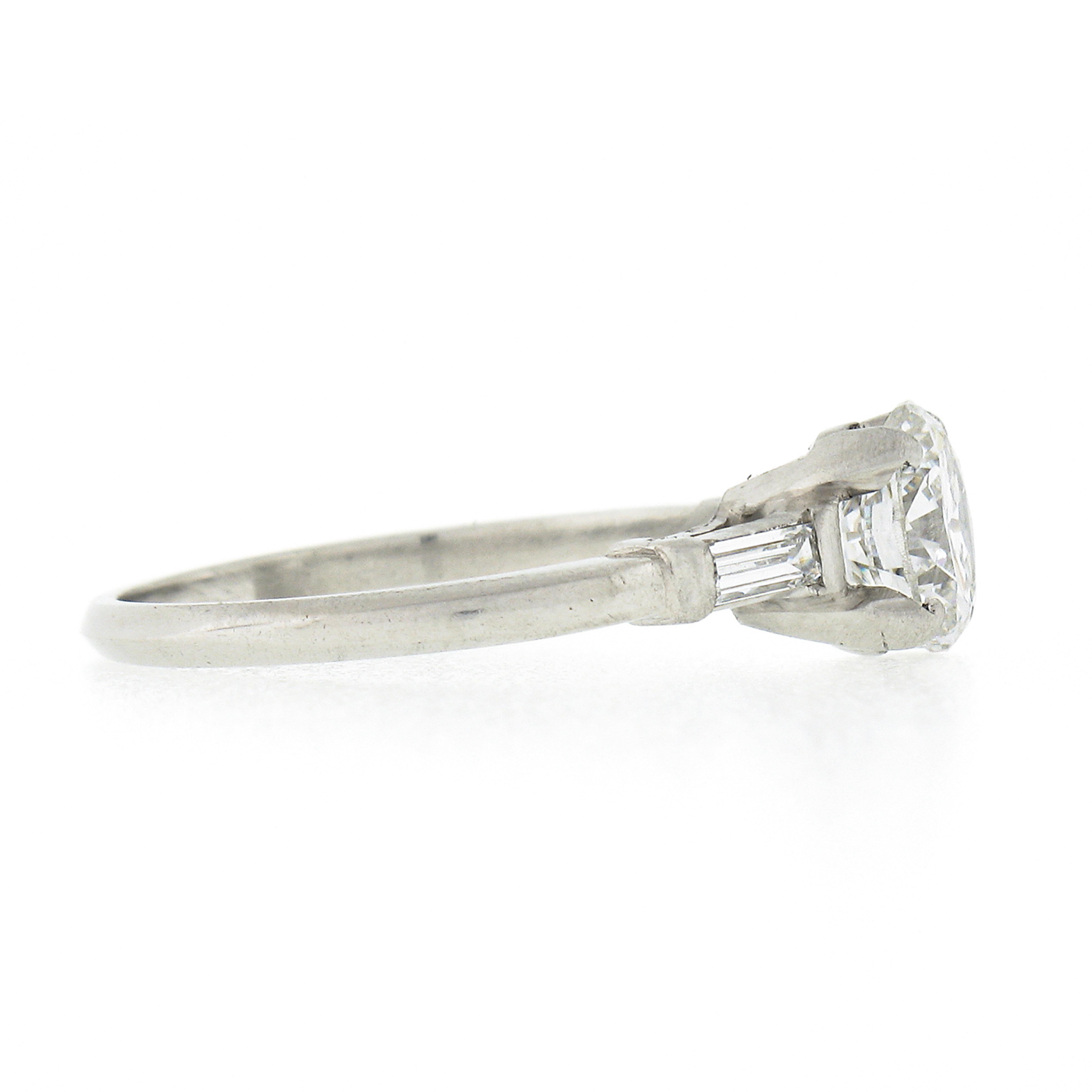 Round Cut Vintage Platinum 1.14ctw GIA Round Diamond w/ Baguette Accent Engagement Ring For Sale