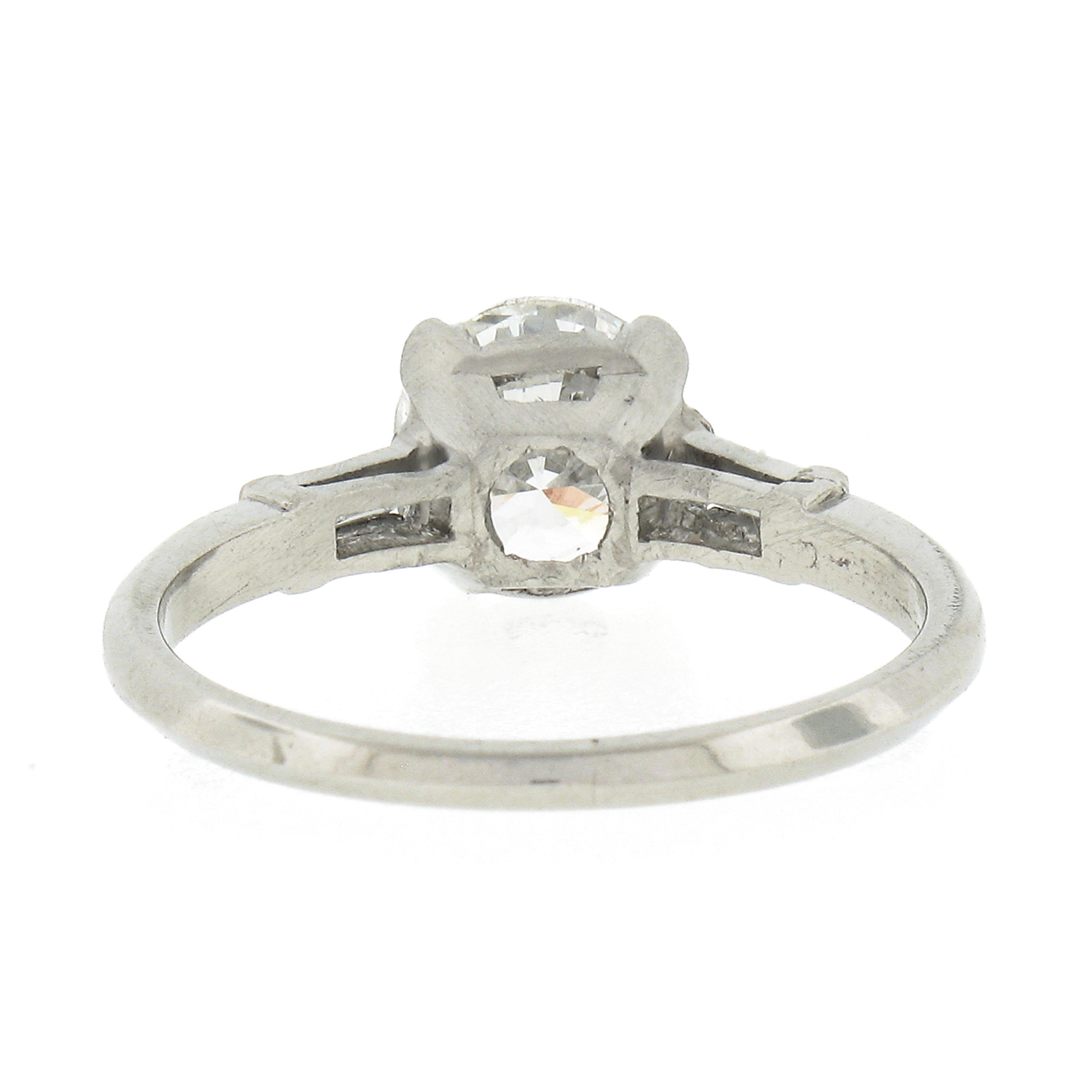 Women's Vintage Platinum 1.14ctw GIA Round Diamond w/ Baguette Accent Engagement Ring For Sale
