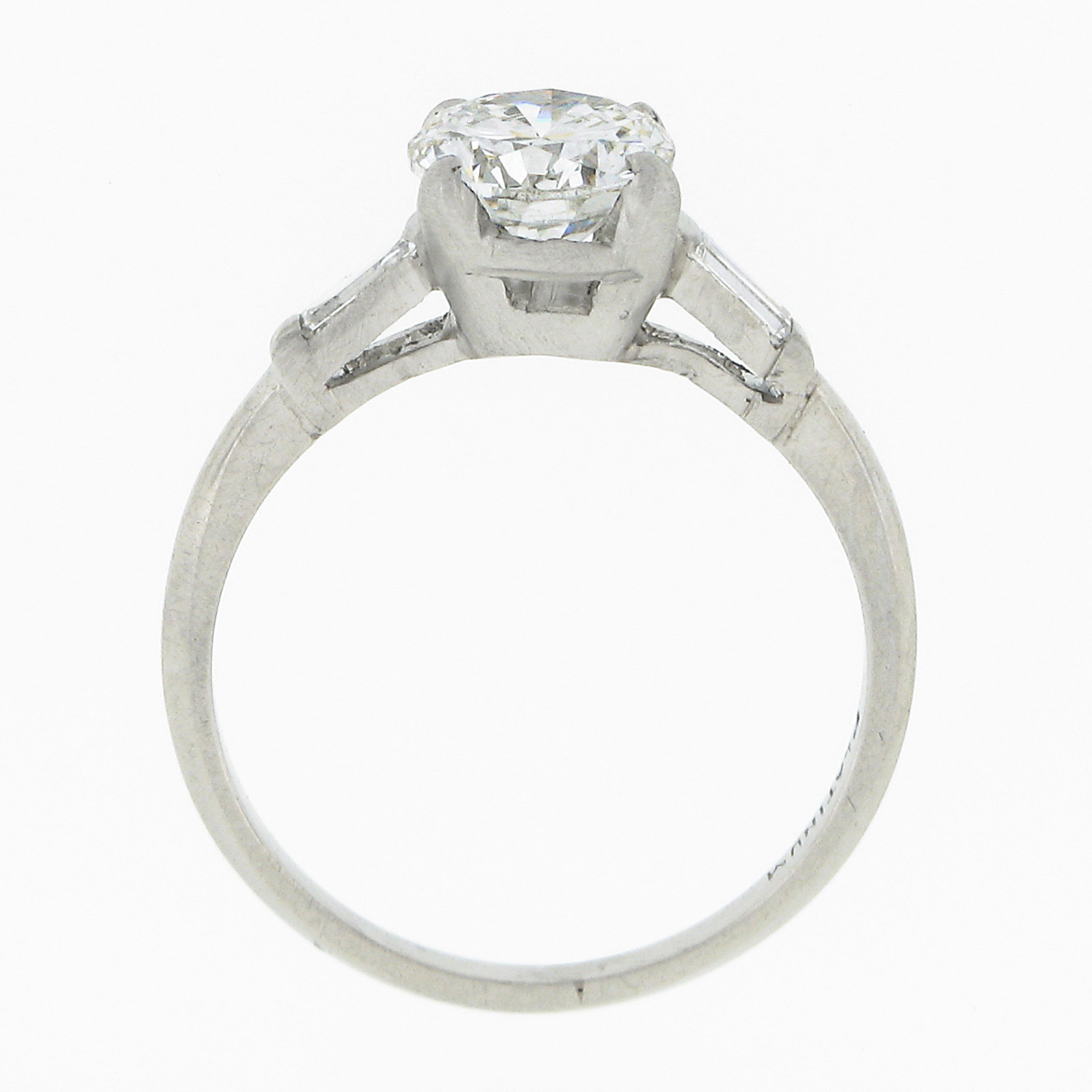 Vintage Platinum 1.14ctw GIA Round Diamond w/ Baguette Accent Engagement Ring For Sale 1