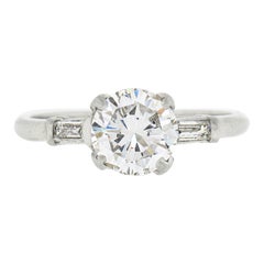 Bague de fiançailles vintage en platine avec diamant rond de 1,14 carat certifié GIA et détails baguettes